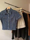 1990s Denim Cropped Blouse | Vintage Jean Shirt