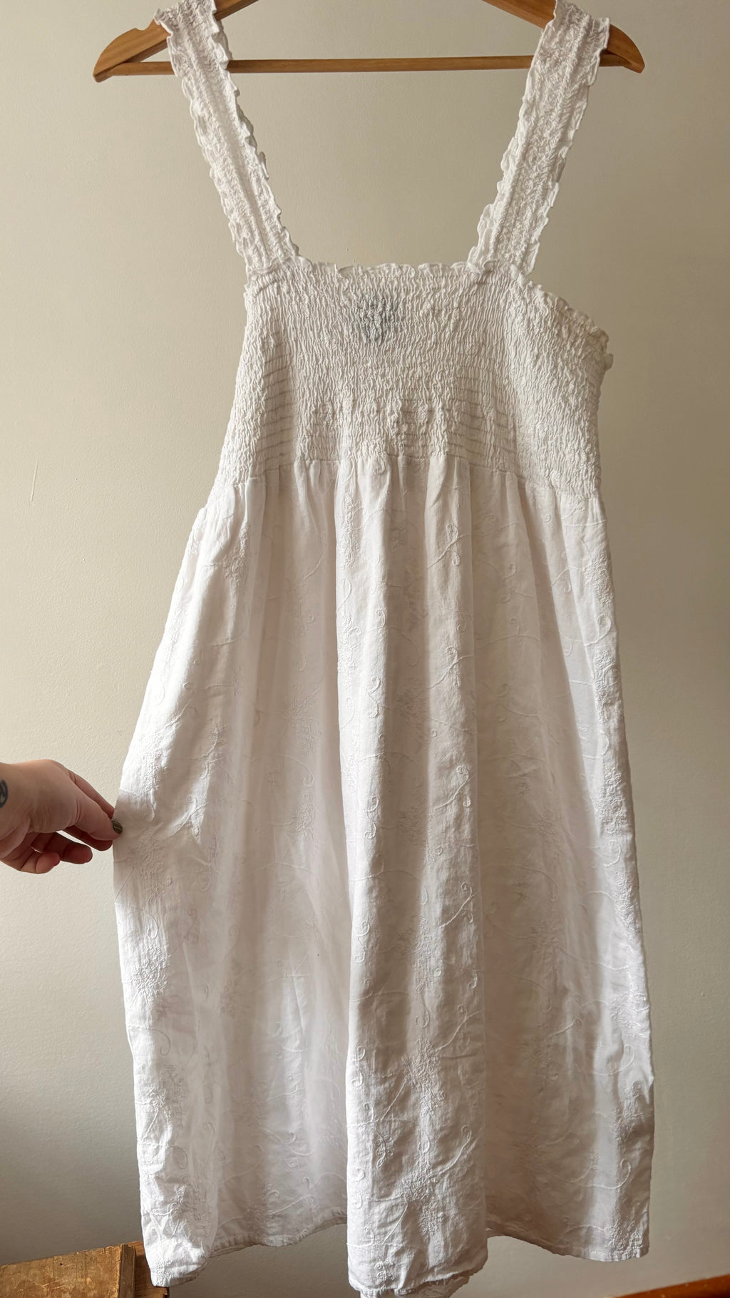 White Cotton Embroidered Floral Smock Dress