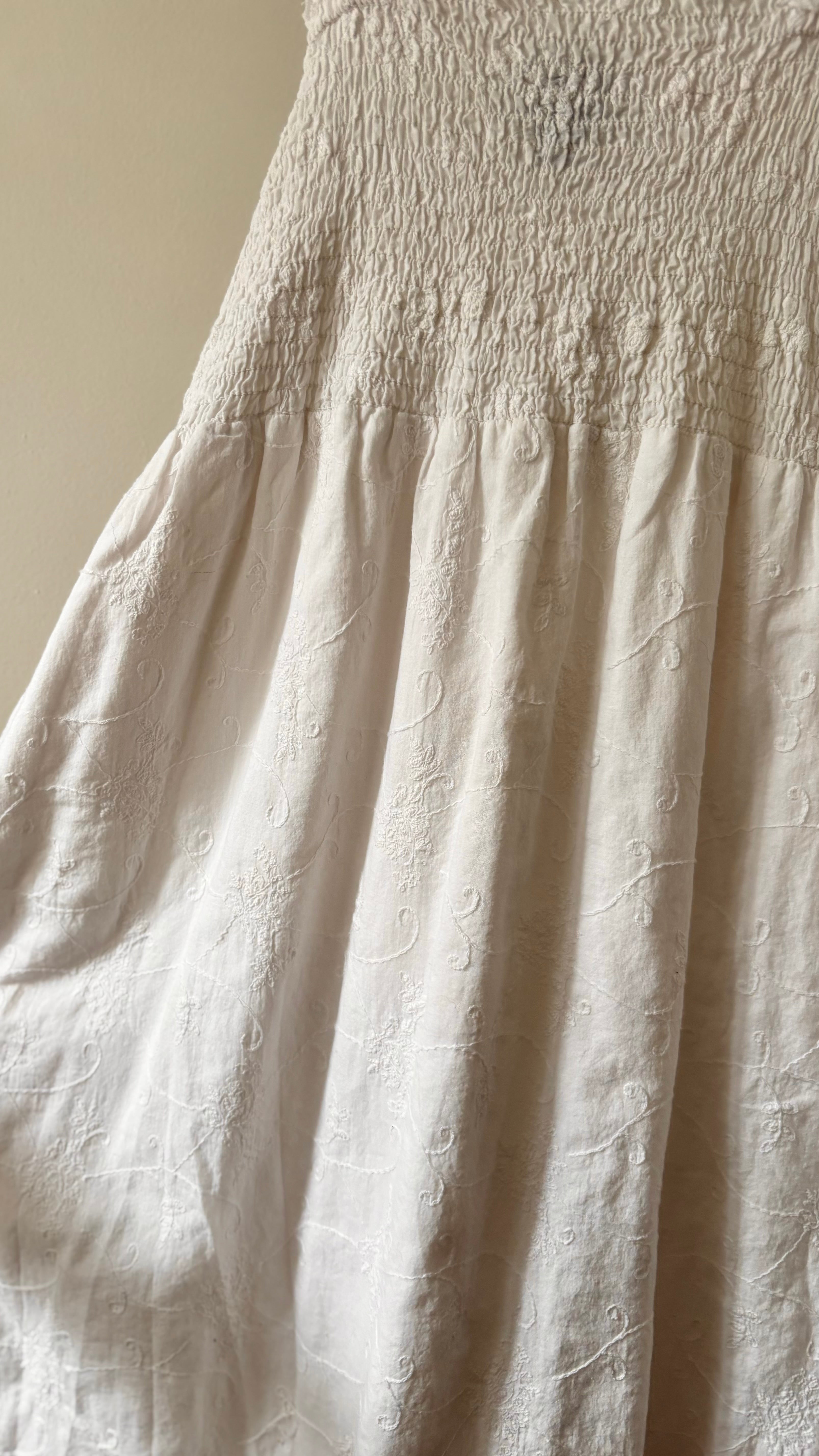 White Cotton Embroidered Floral Smock Dress