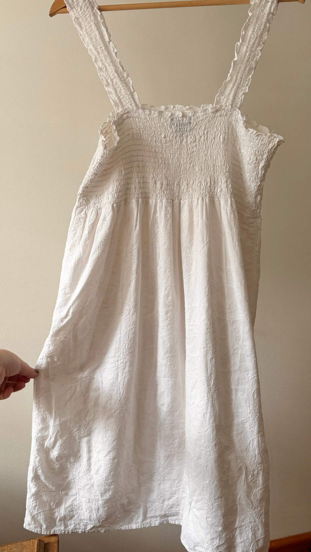 White Cotton Embroidered Floral Smock Dress