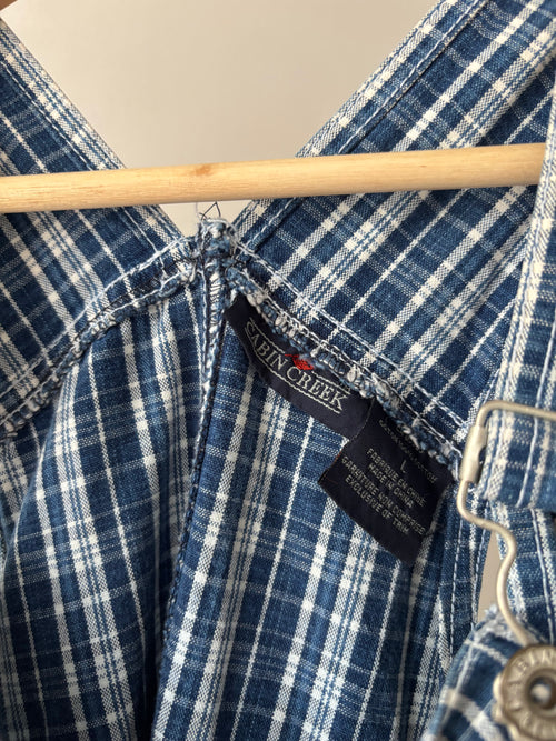 1990s Blue Plaid Mini Overall Dress with Cargo Pockets