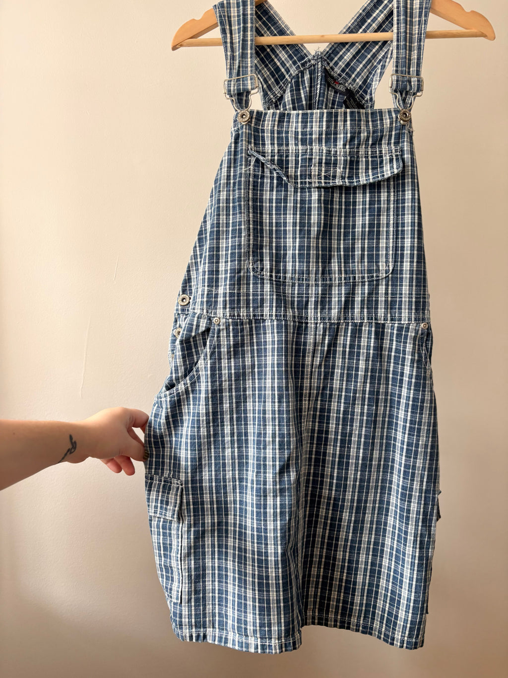 1990s Blue Plaid Mini Overall Dress with Cargo Pockets