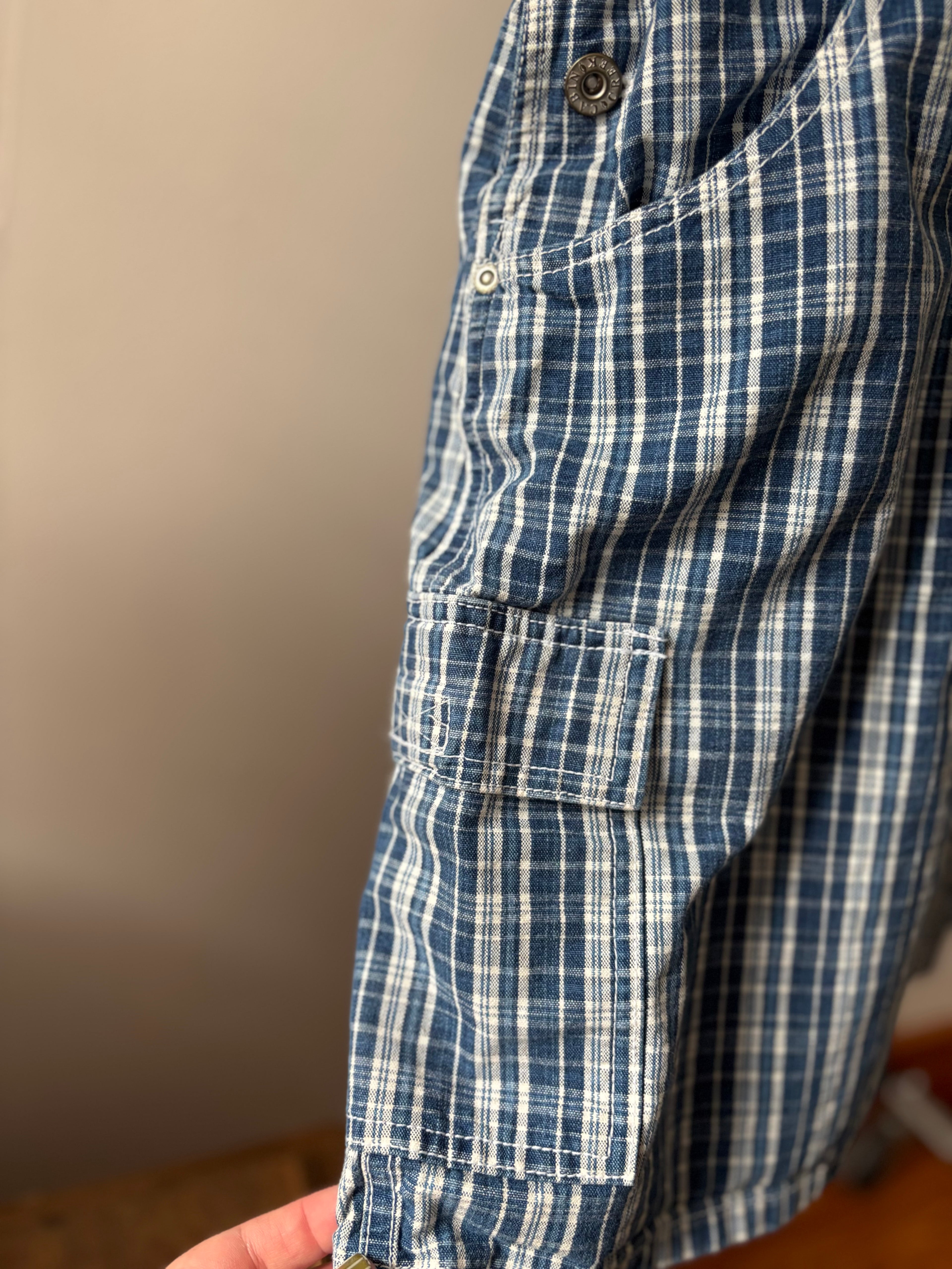 1990s Blue Plaid Mini Overall Dress with Cargo Pockets