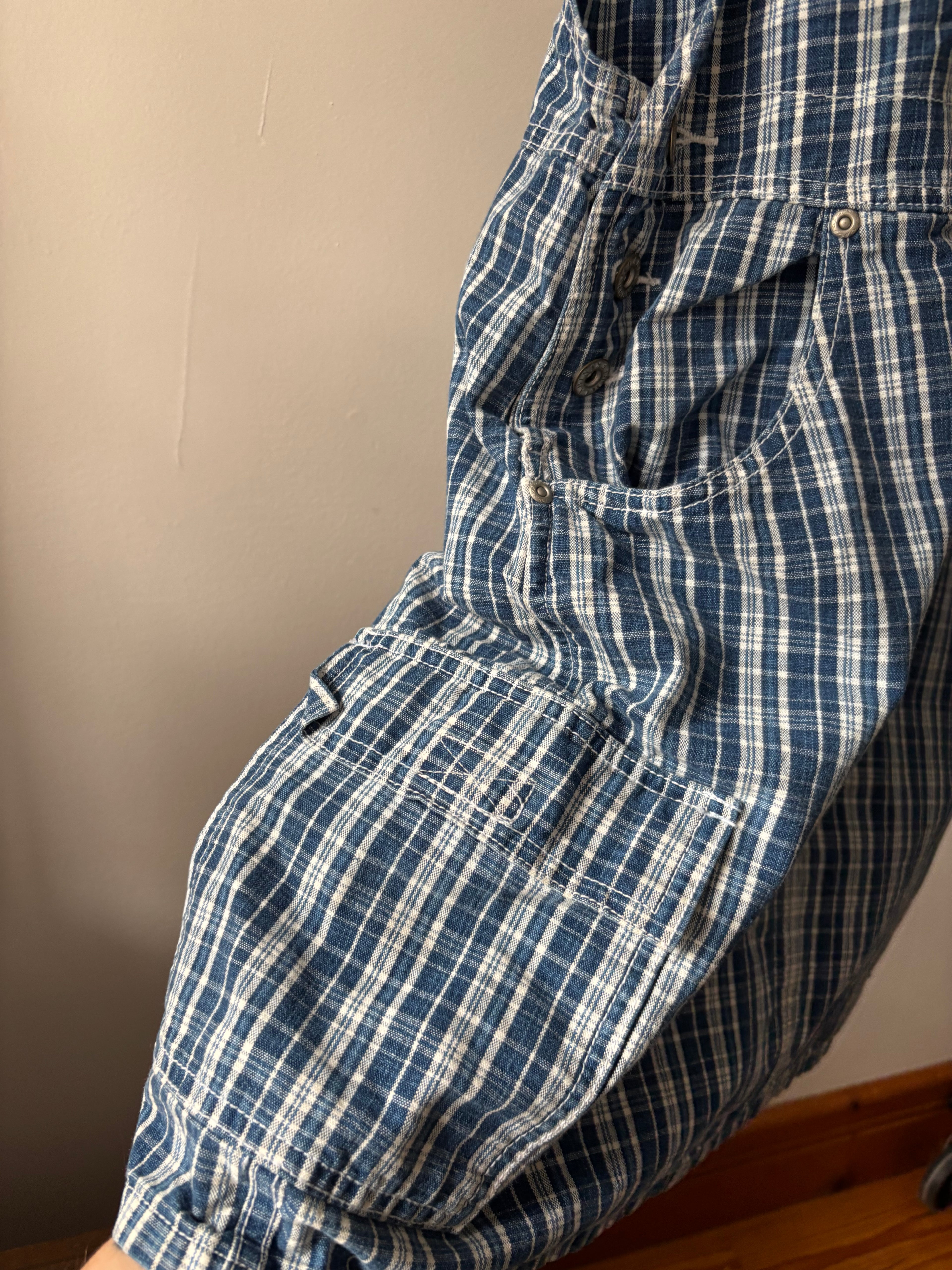 1990s Blue Plaid Mini Overall Dress with Cargo Pockets