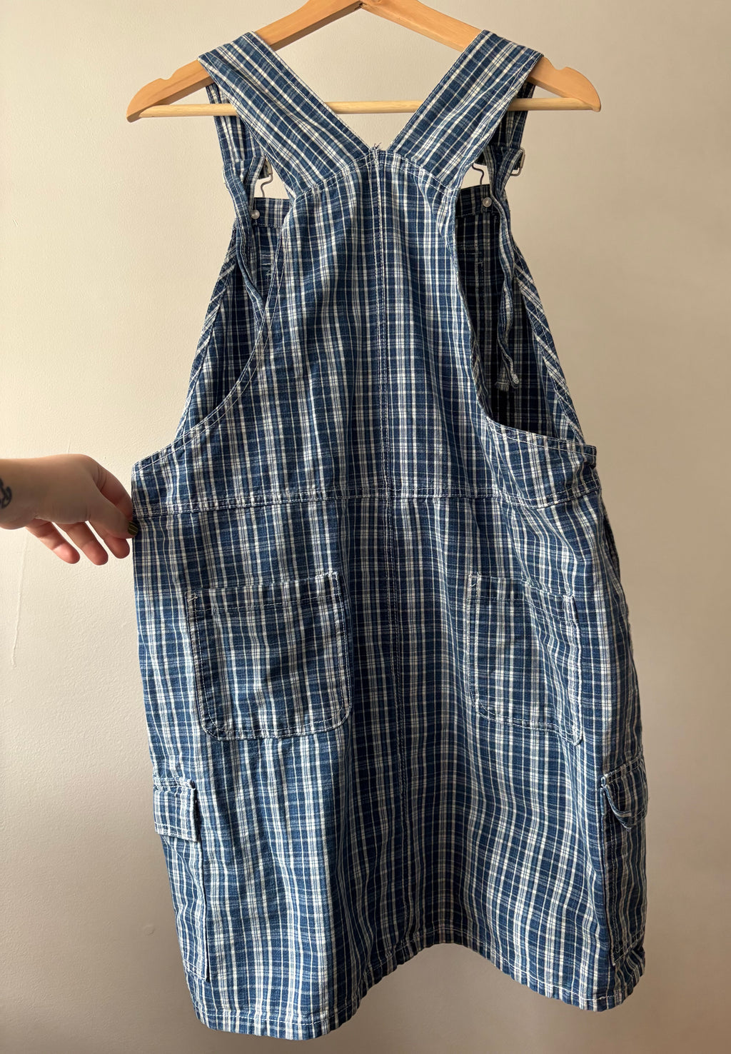 1990s Blue Plaid Mini Overall Dress with Cargo Pockets