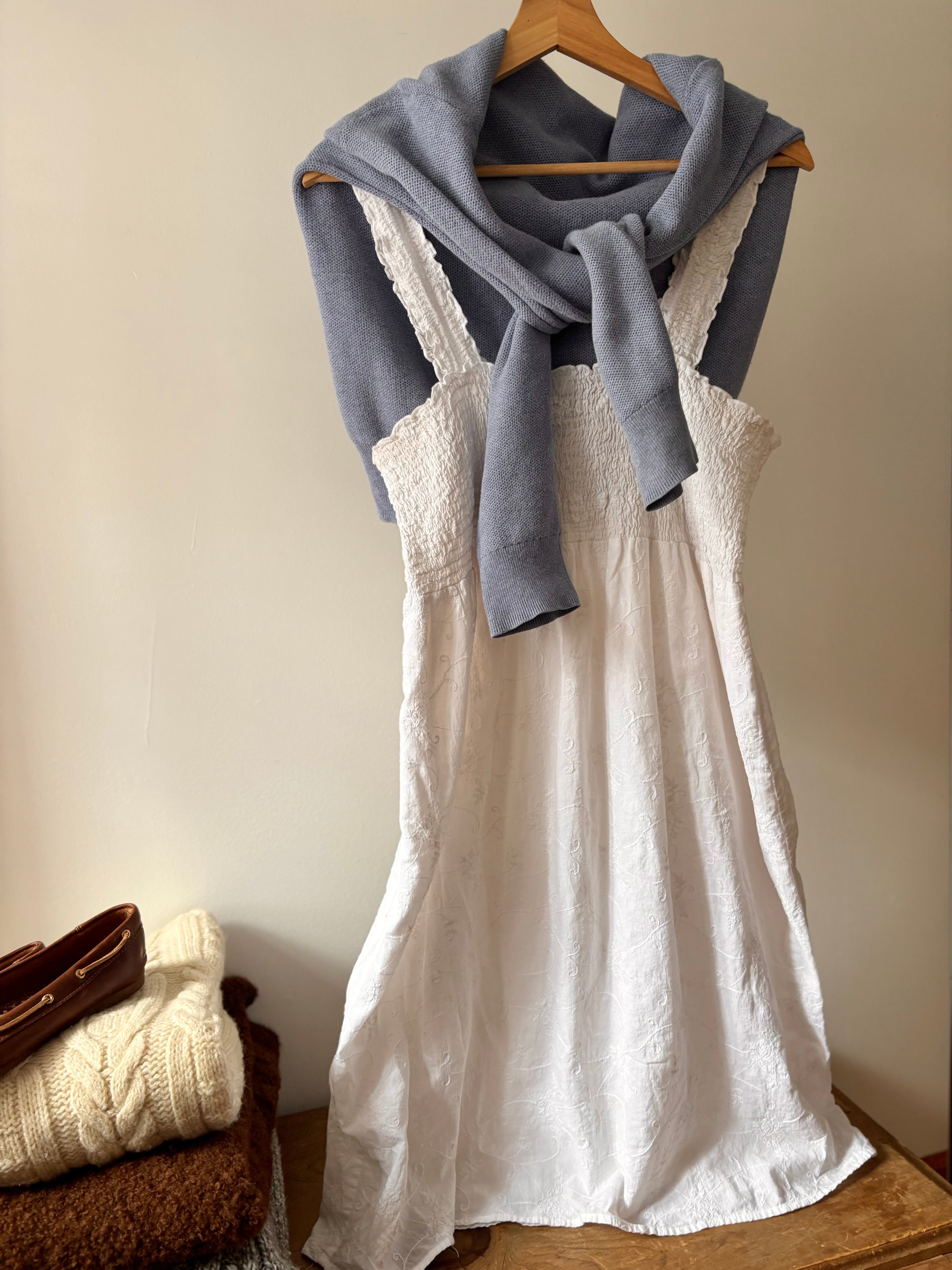 White Cotton Embroidered Floral Smock Dress