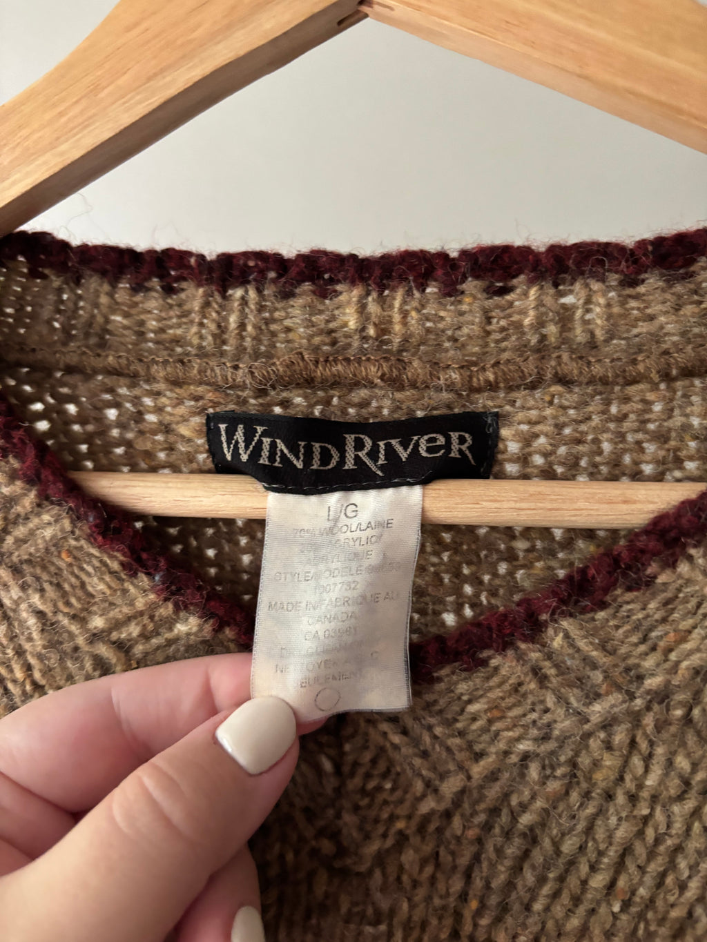 1990s Thick Brown Wool Sweater with Fair Isle Sleeves