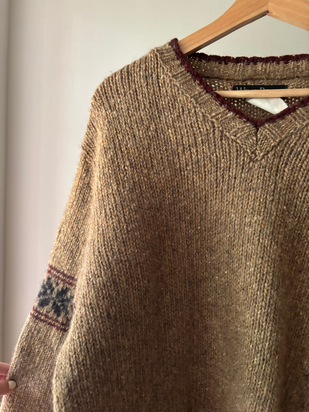 1990s Thick Brown Wool Sweater with Fair Isle Sleeves