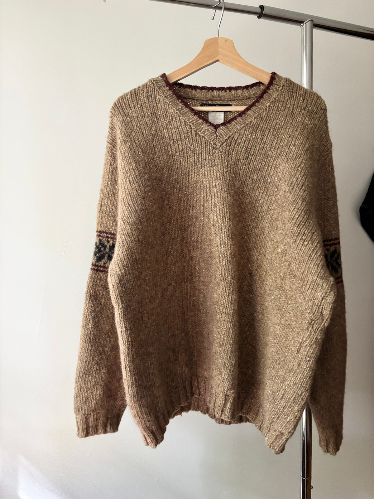 1990s Thick Brown Wool Sweater with Fair Isle Sleeves