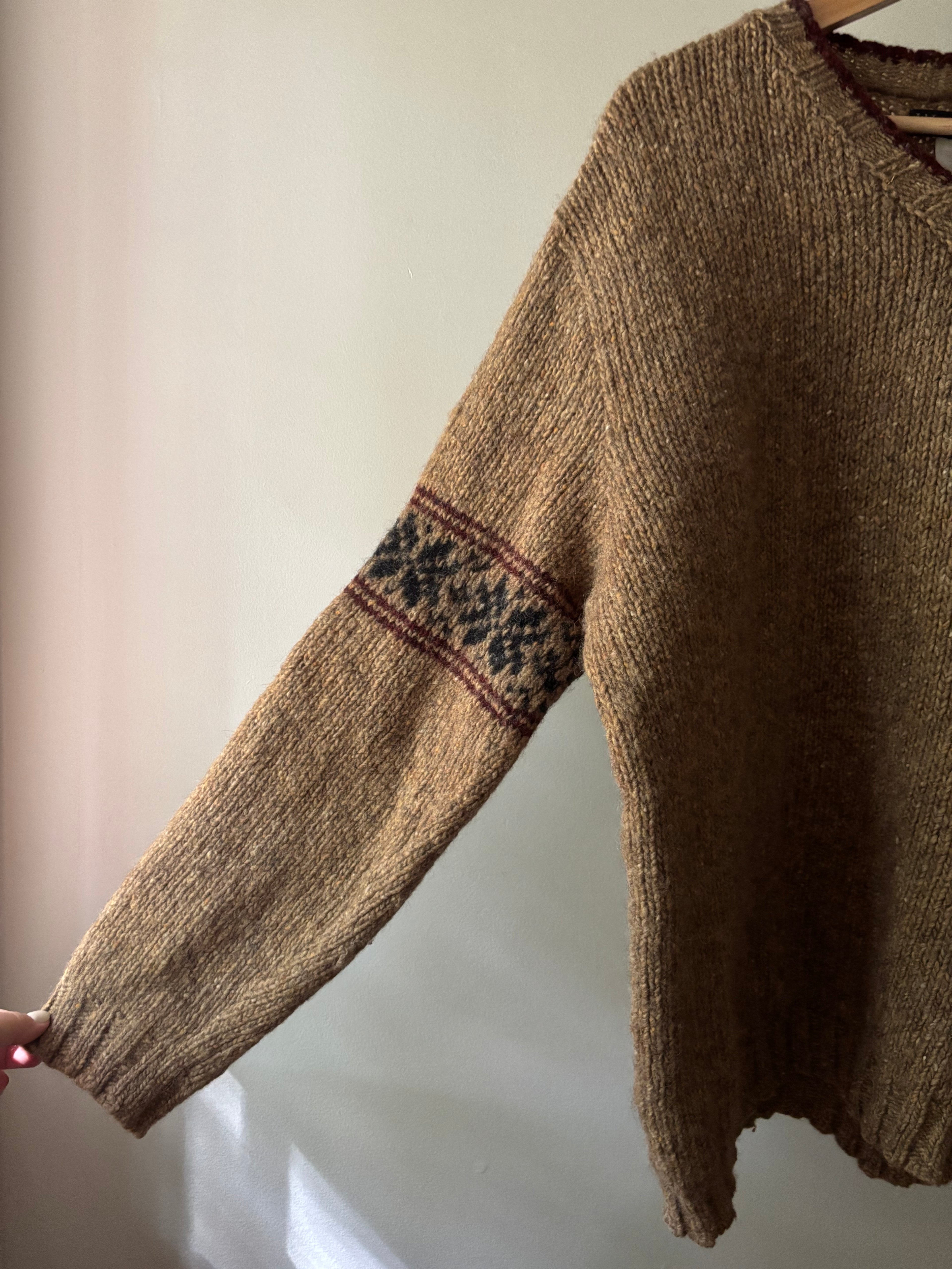 1990s Thick Brown Wool Sweater with Fair Isle Sleeves