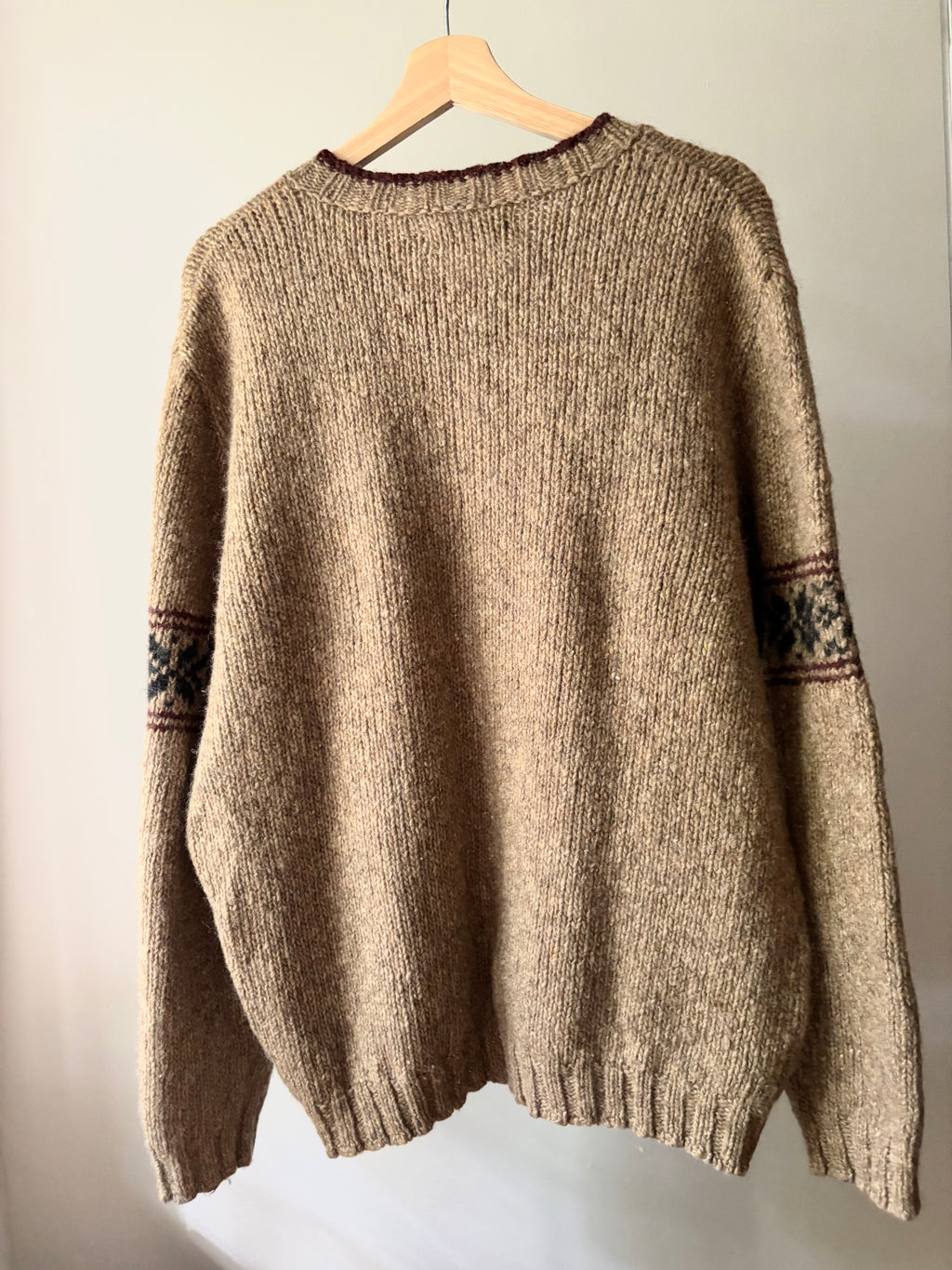 1990s Thick Brown Wool Sweater with Fair Isle Sleeves