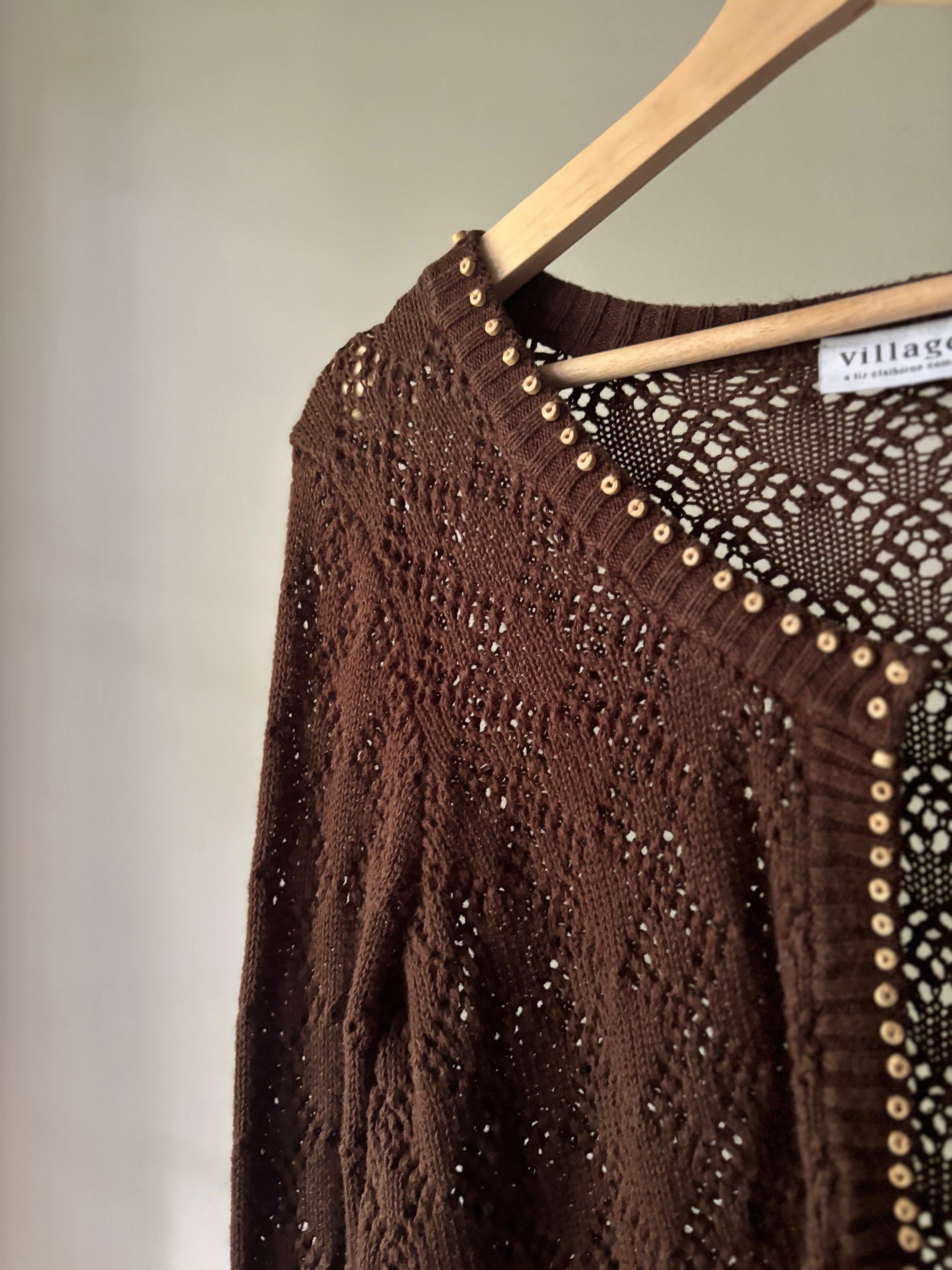Y2K Cropped Knit Cardigan with Beaded Trim