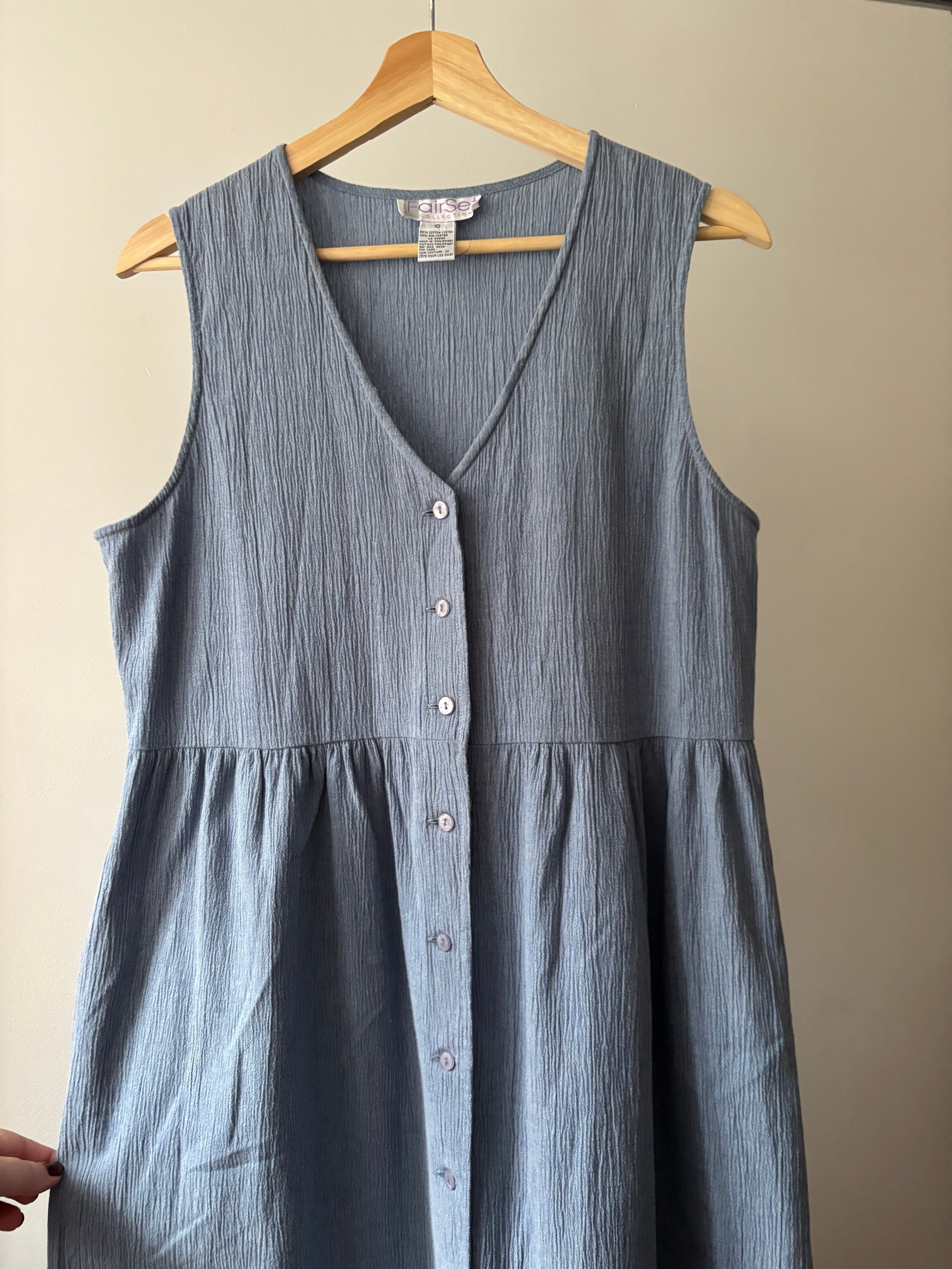 1990s Blue Button Down Smock Dress with Pockets