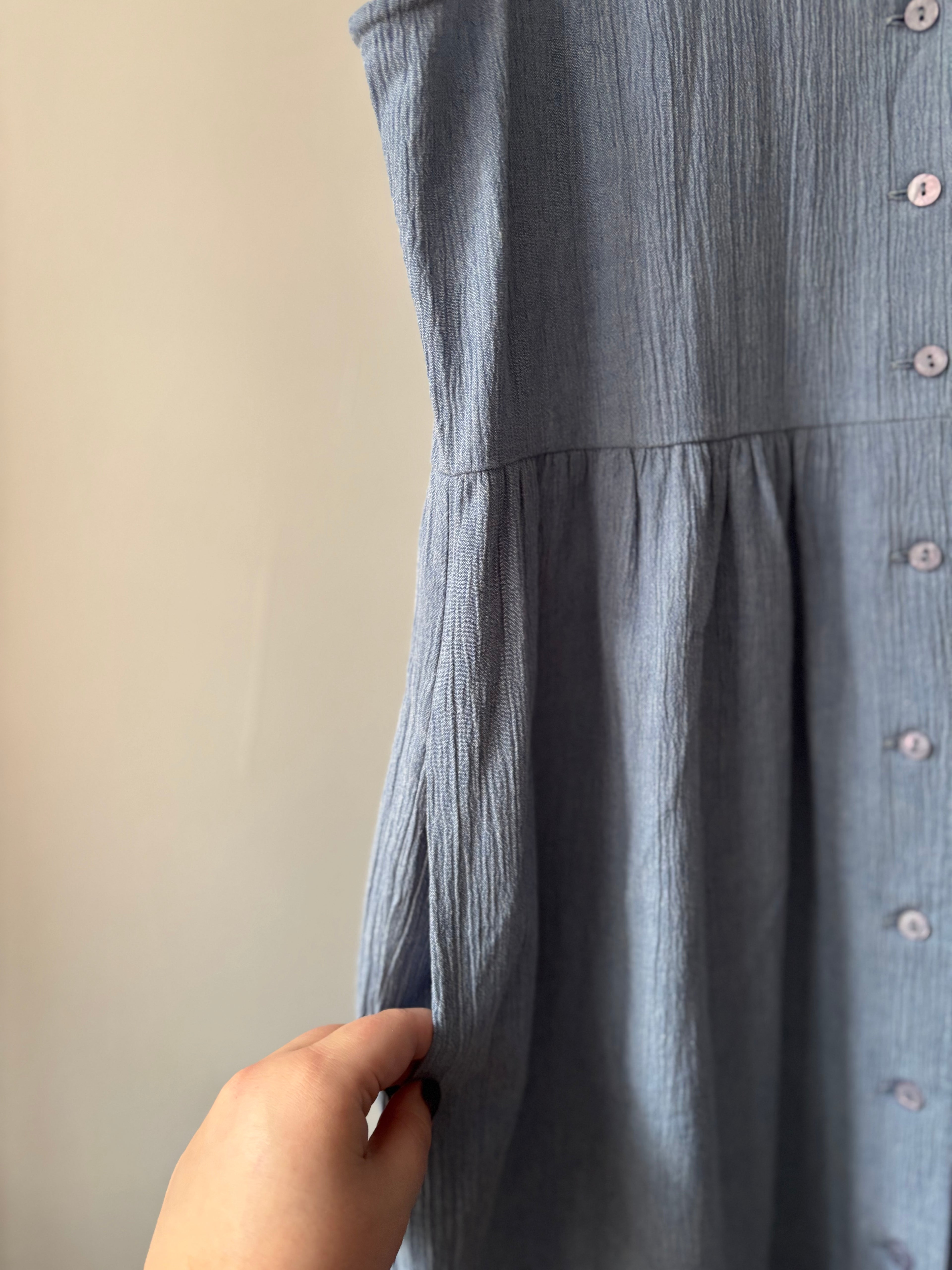 1990s Blue Button Down Smock Dress with Pockets