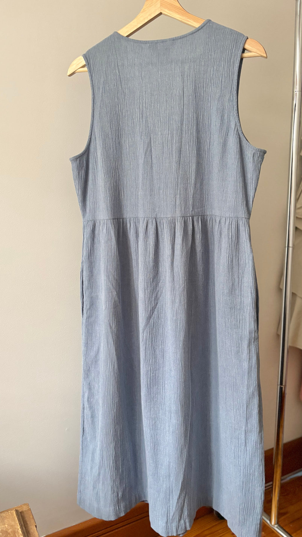 1990s Blue Button Down Smock Dress with Pockets