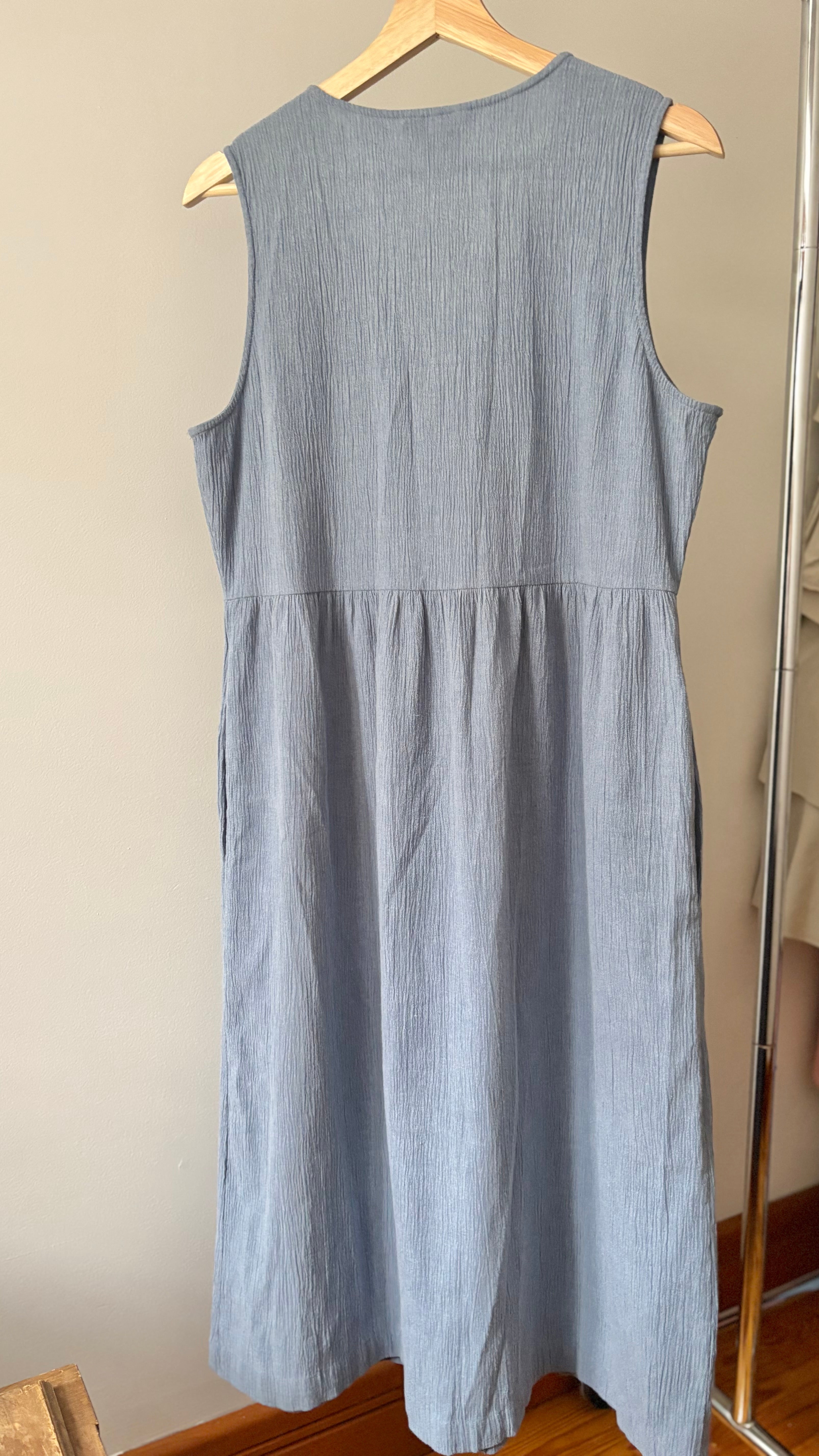 1990s Blue Button Down Smock Dress with Pockets
