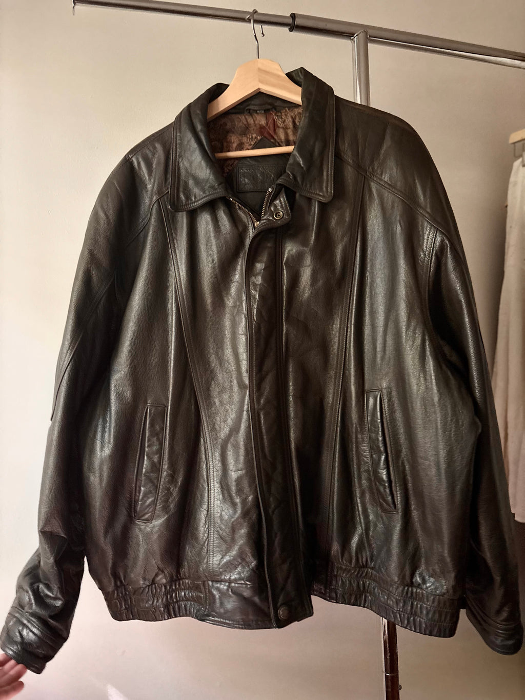 1990s Brown Leather Bomber Jacket | Vintage Oversized Coat
