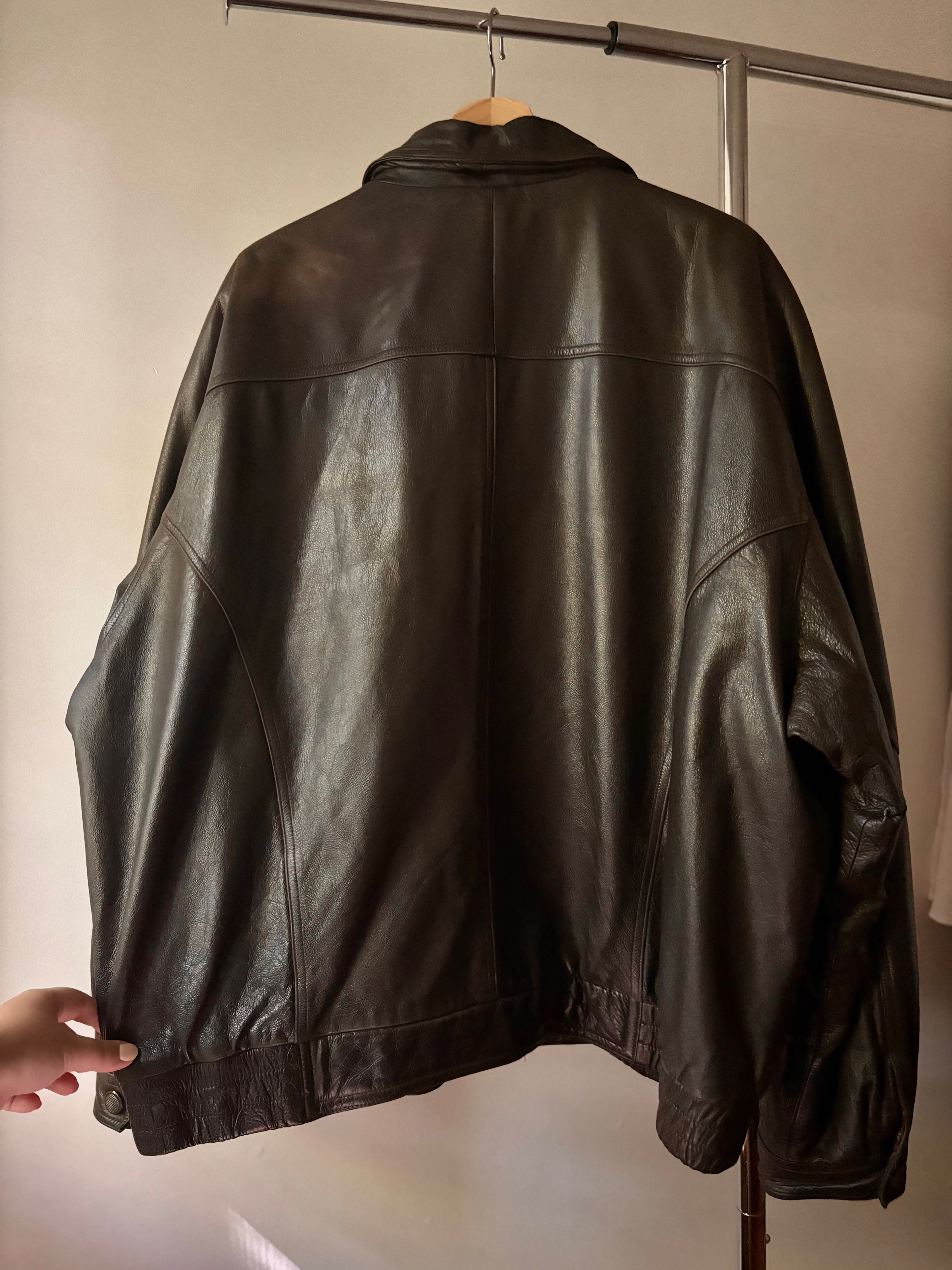 1990s Brown Leather Bomber Jacket | Vintage Oversized Coat