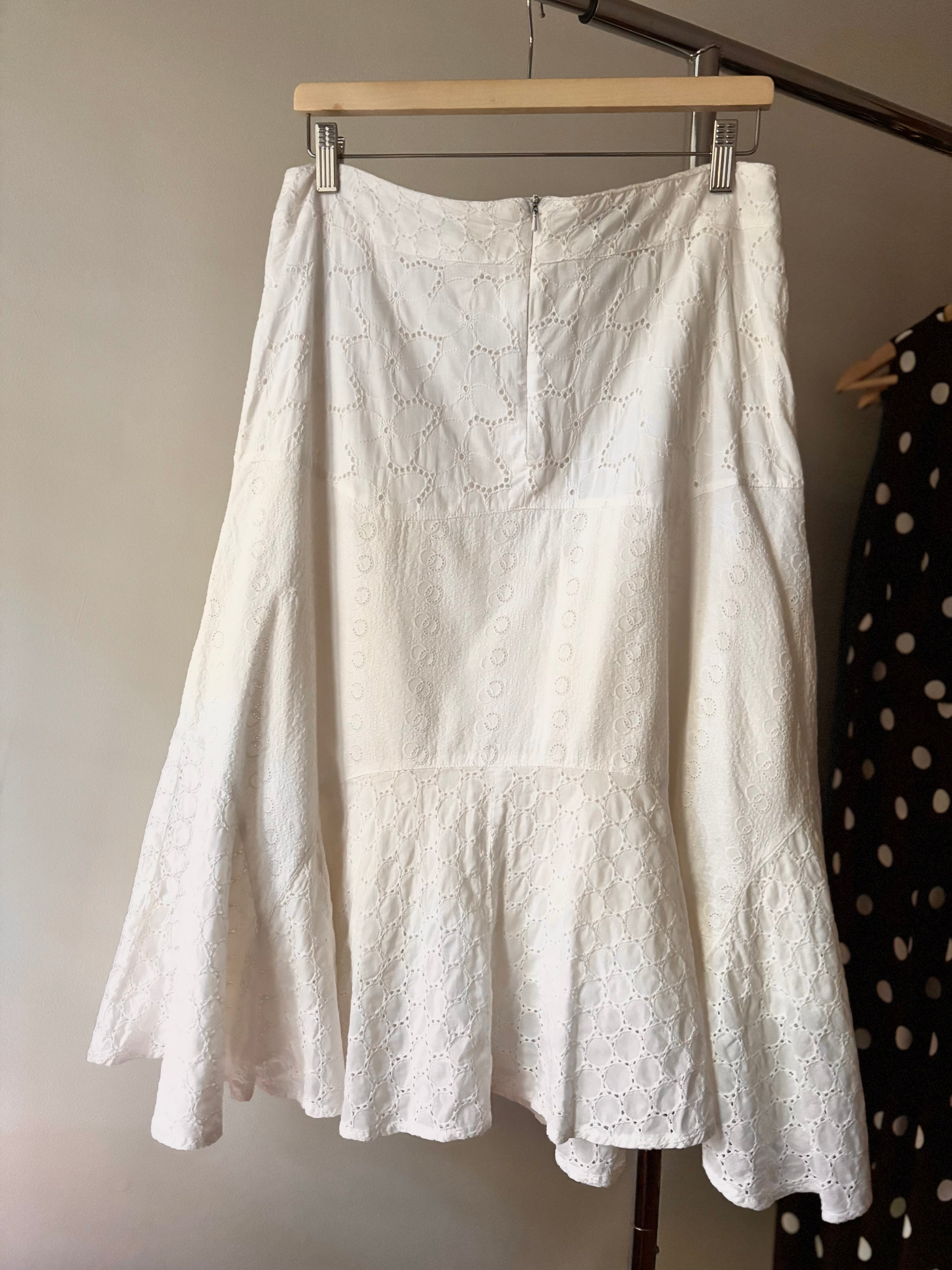 1990s White Cotton Eyelet Midi Skirt | Size 32"