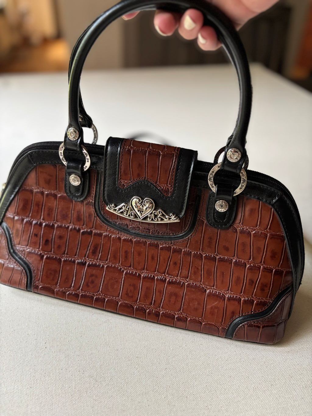 1990s Brown Leather Faux Alligator Purse