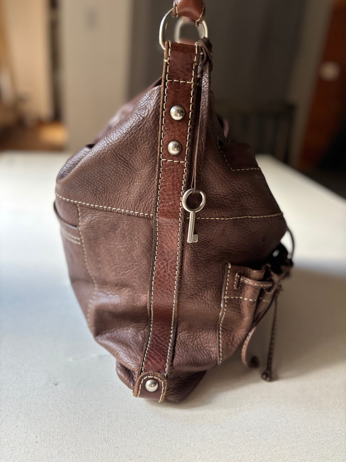 Y2K Brown Leather Fossil Hobo Bag with Pouches