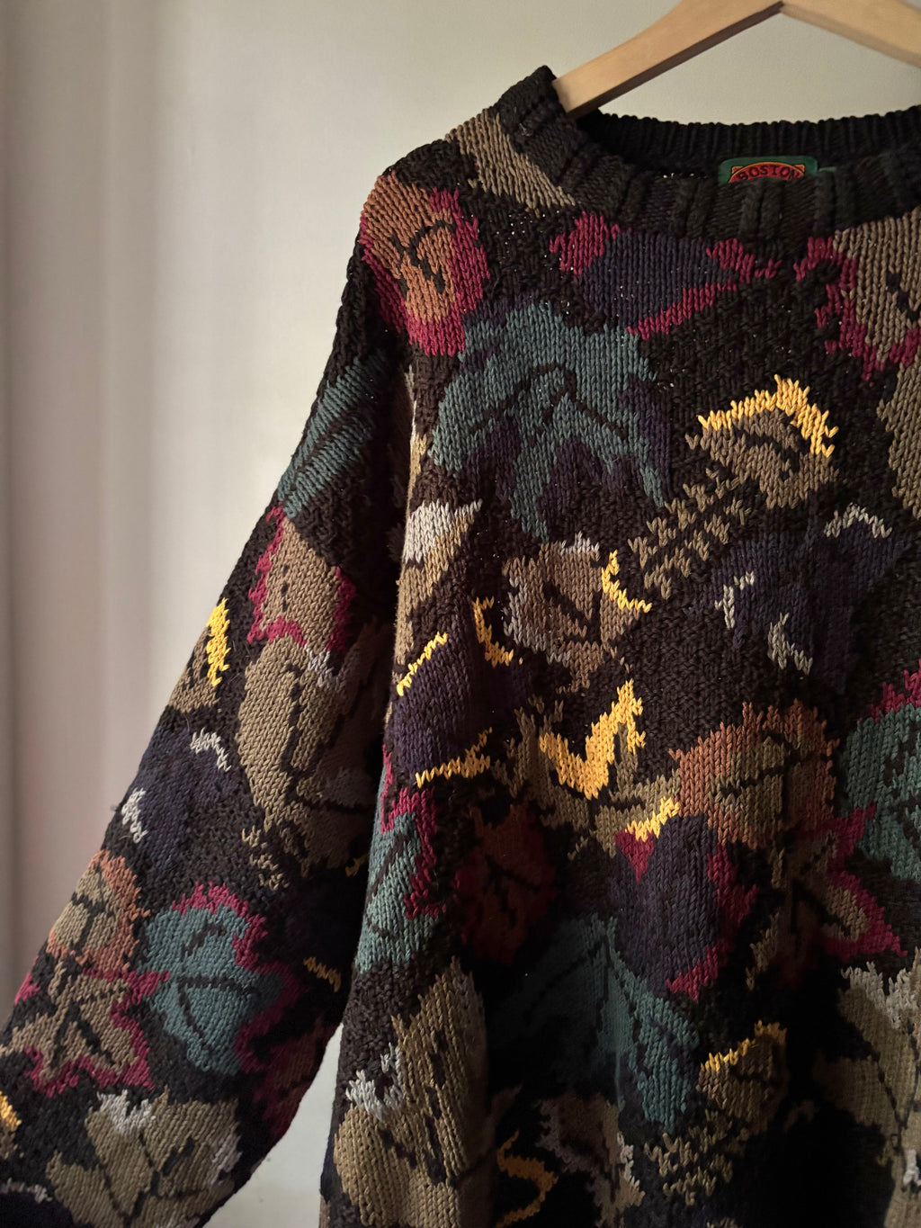 1990s Autumn Leaves Handknit Crewneck Sweater