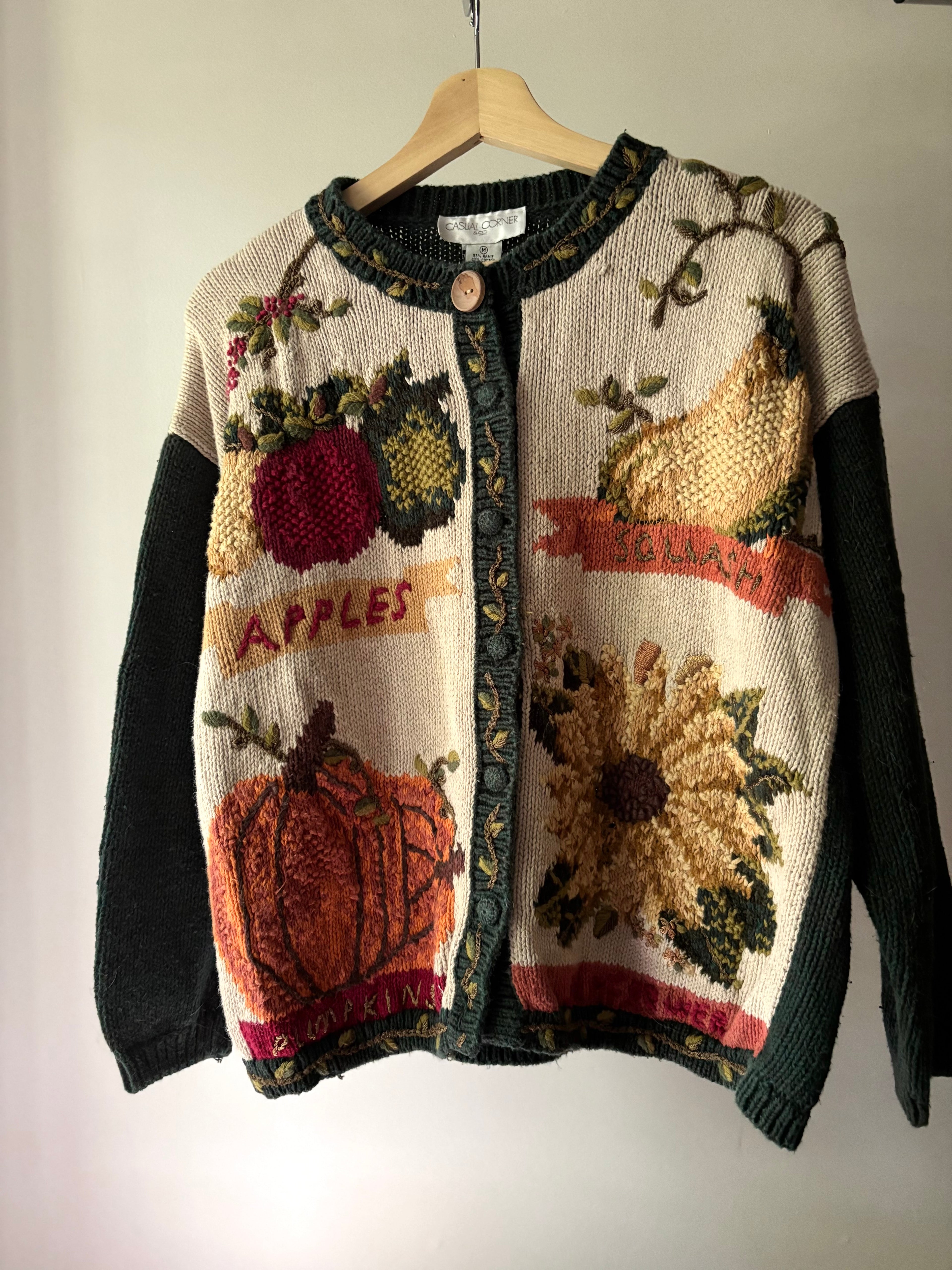1990s Handknit Autumn Cardigan | Pumpkins, Apples, & Sunflowers