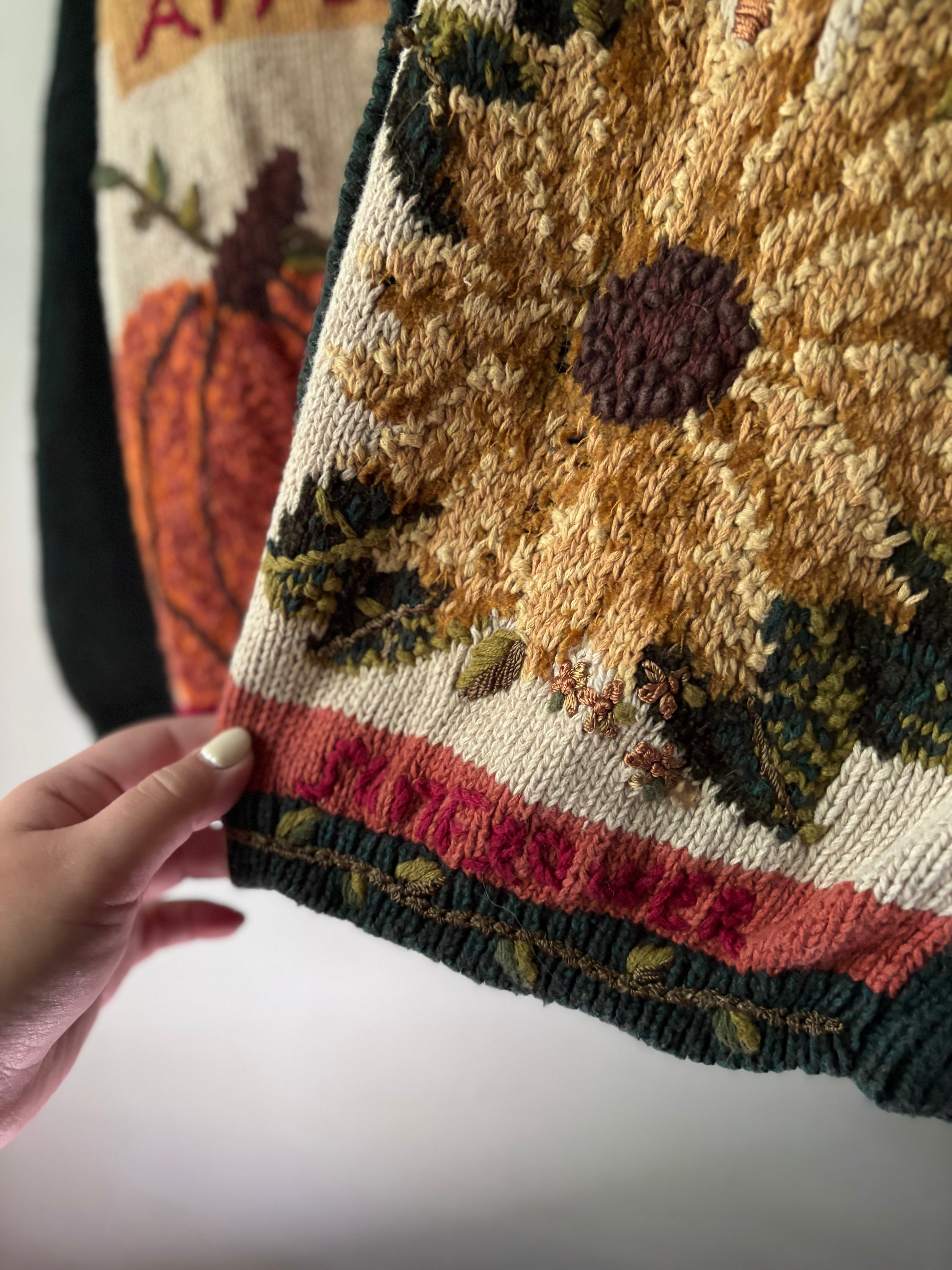 1990s Handknit Autumn Cardigan | Pumpkins, Apples, & Sunflowers