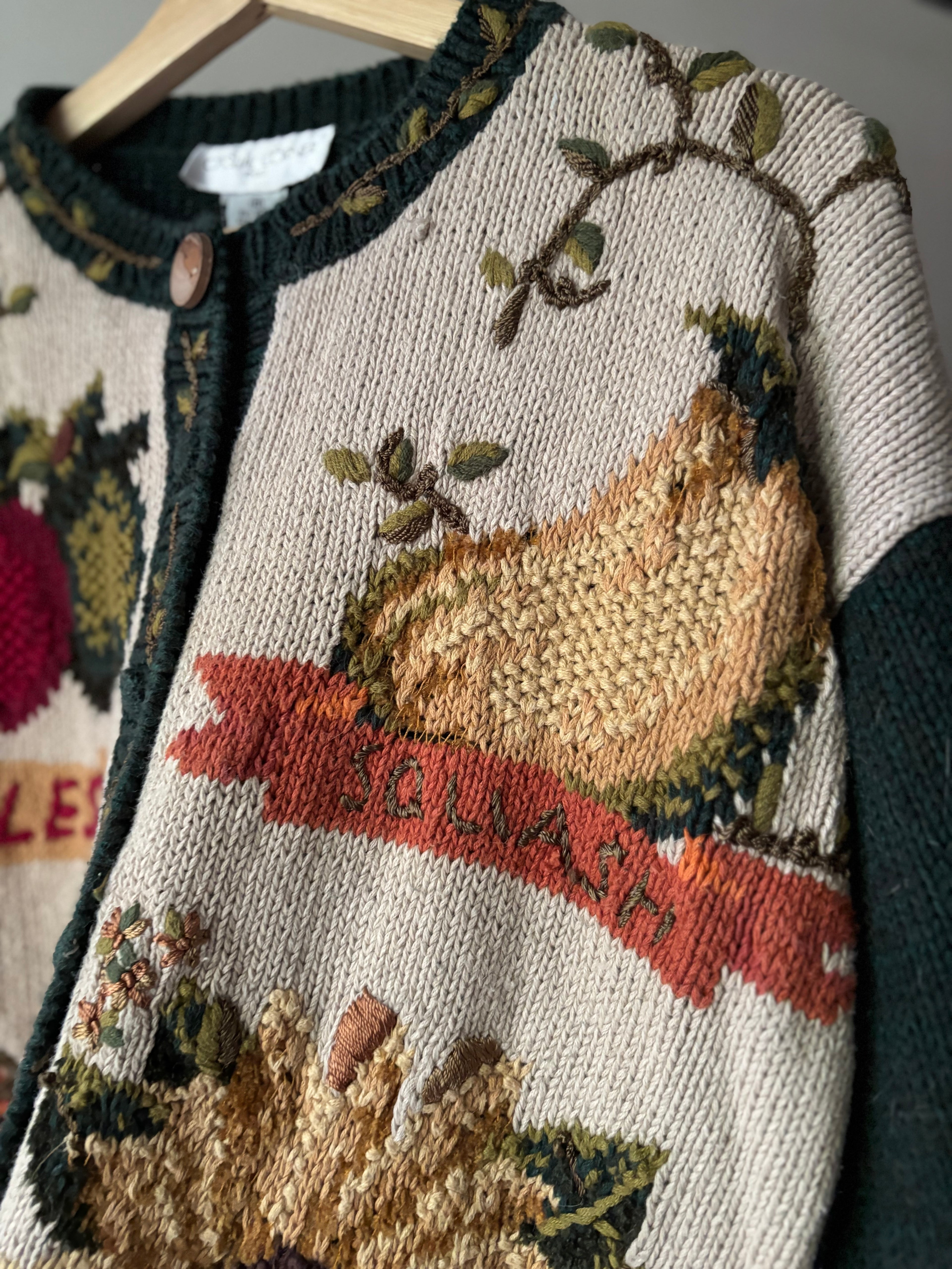 1990s Handknit Autumn Cardigan | Pumpkins, Apples, & Sunflowers