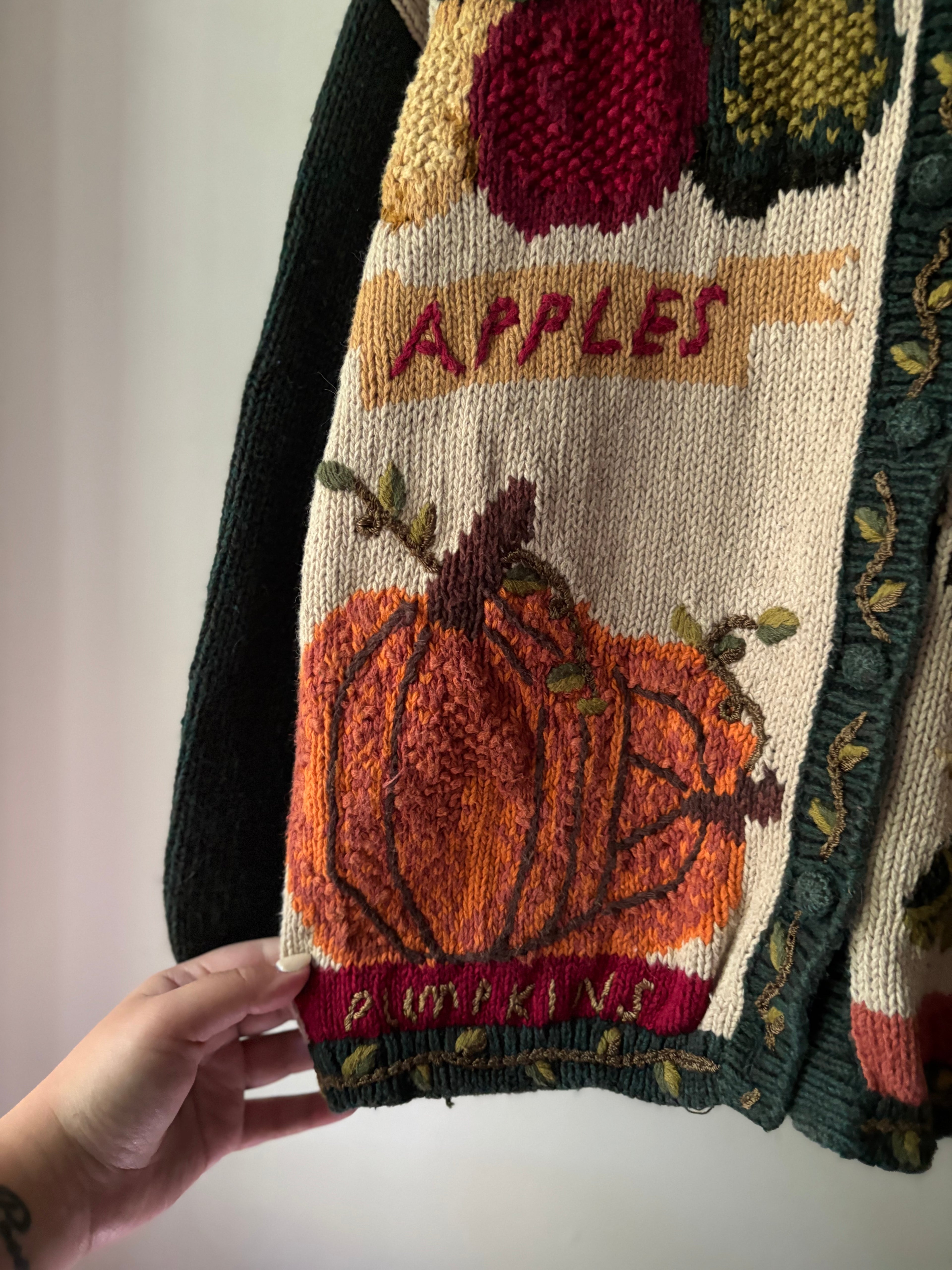 1990s Handknit Autumn Cardigan | Pumpkins, Apples, & Sunflowers