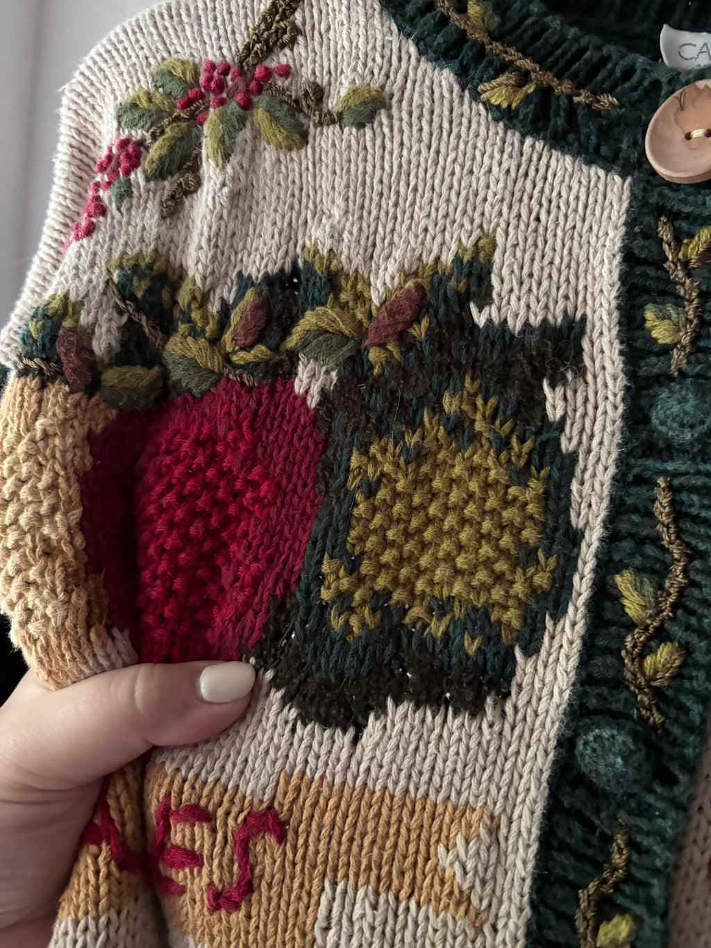 1990s Handknit Autumn Cardigan | Pumpkins, Apples, & Sunflowers