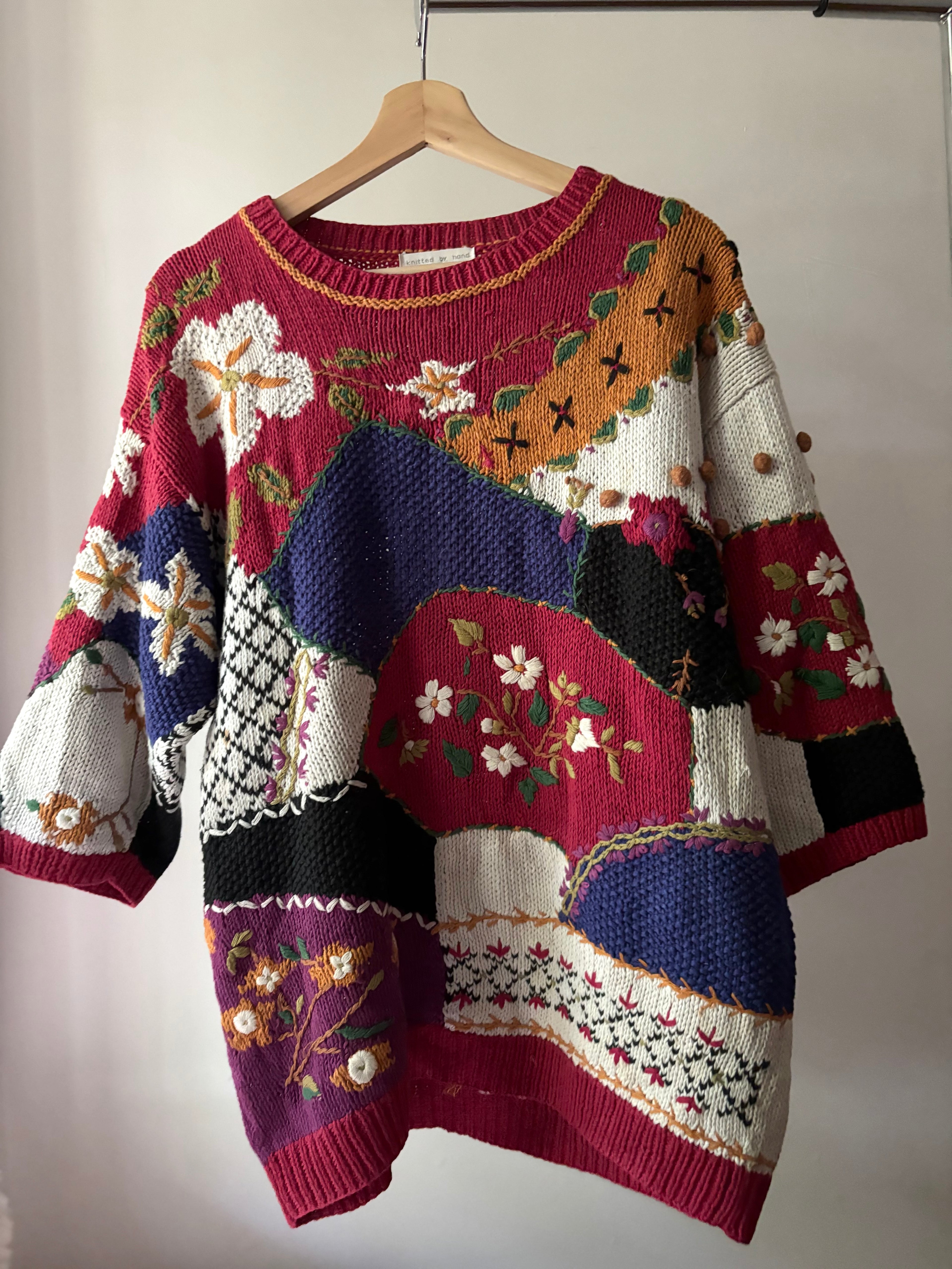 1990s Handknit Patchwork Flower Sweater