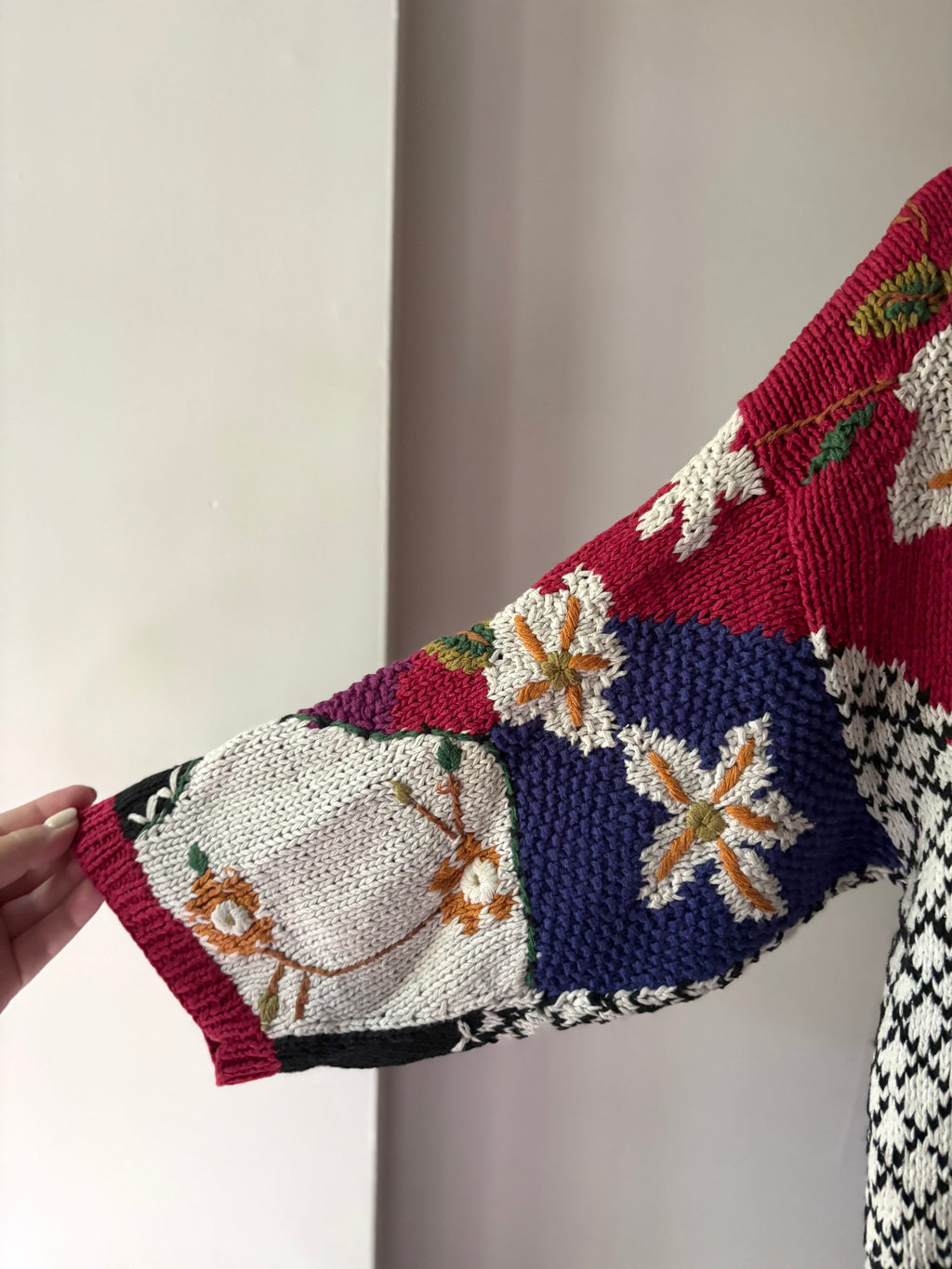 1990s Handknit Patchwork Flower Sweater