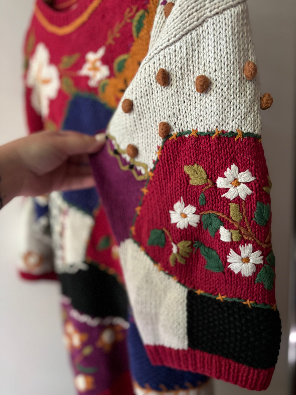 1990s Handknit Patchwork Flower Sweater