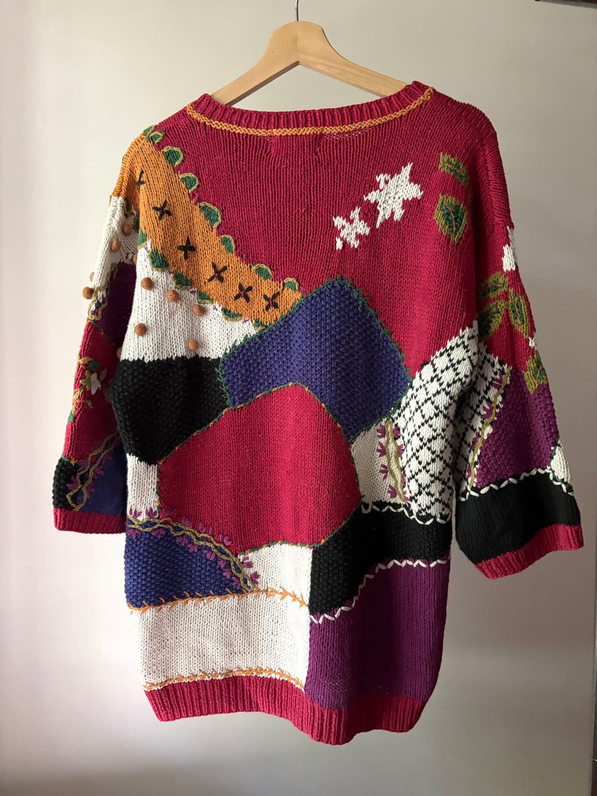 1990s Handknit Patchwork Flower Sweater