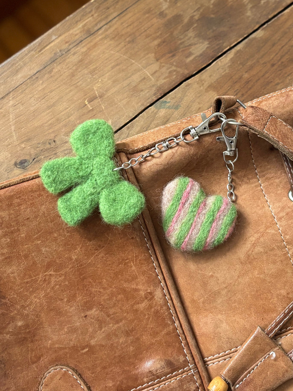 Felted Wool Striped Heart & Bow Bag Charms (2)