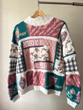 1990s Handknit Patchwork Floral Mockneck Sweater