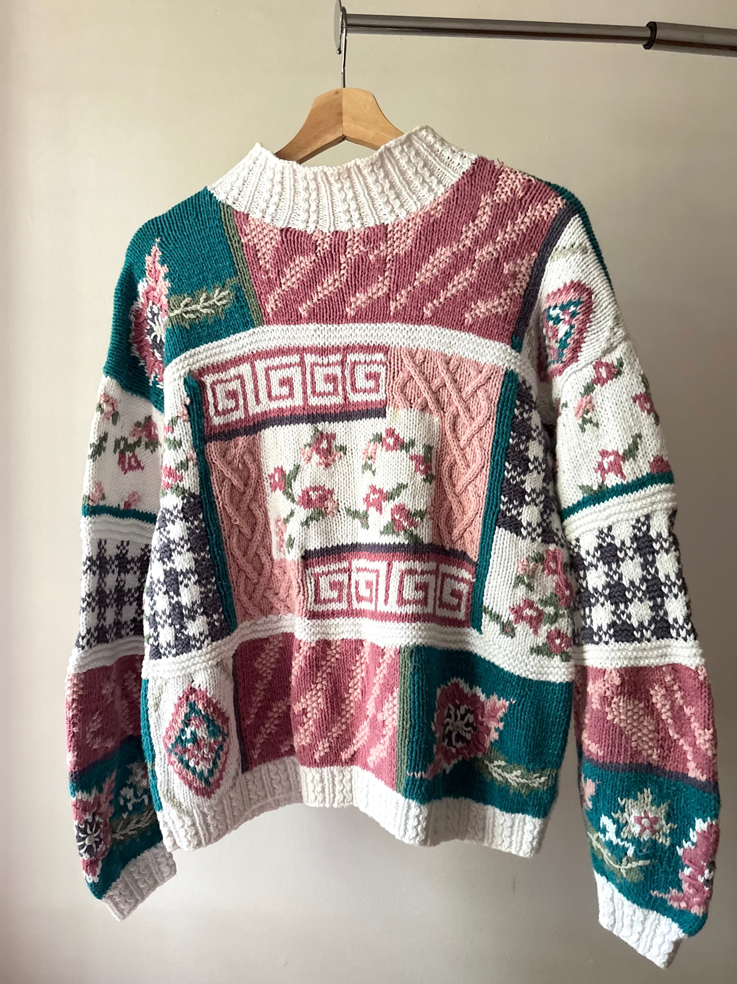 1990s Handknit Patchwork Floral Mockneck Sweater