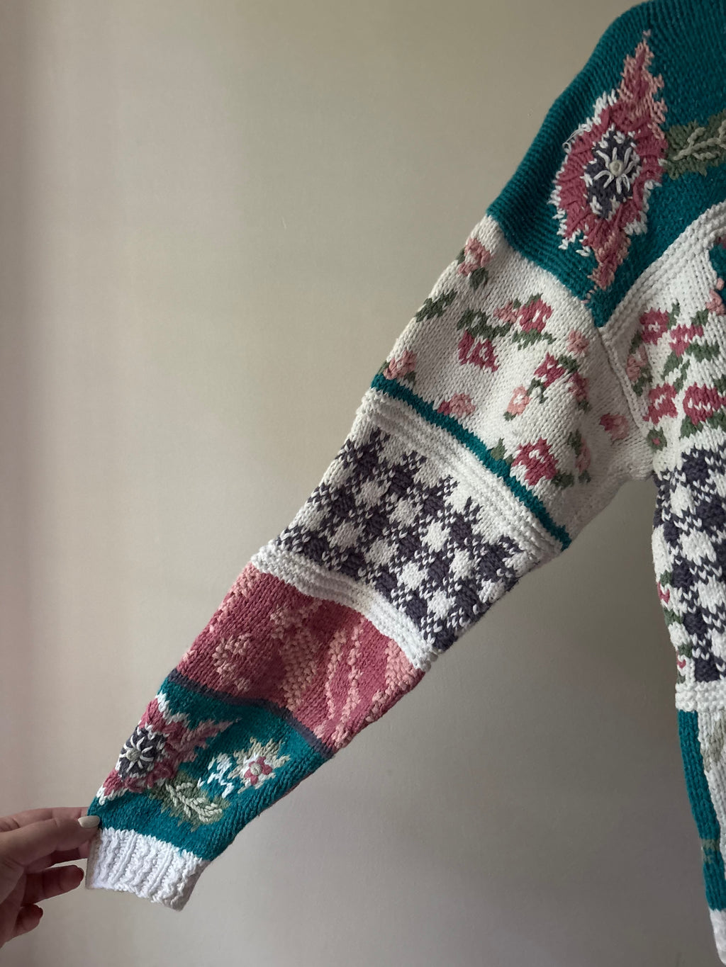 1990s Handknit Patchwork Floral Mockneck Sweater