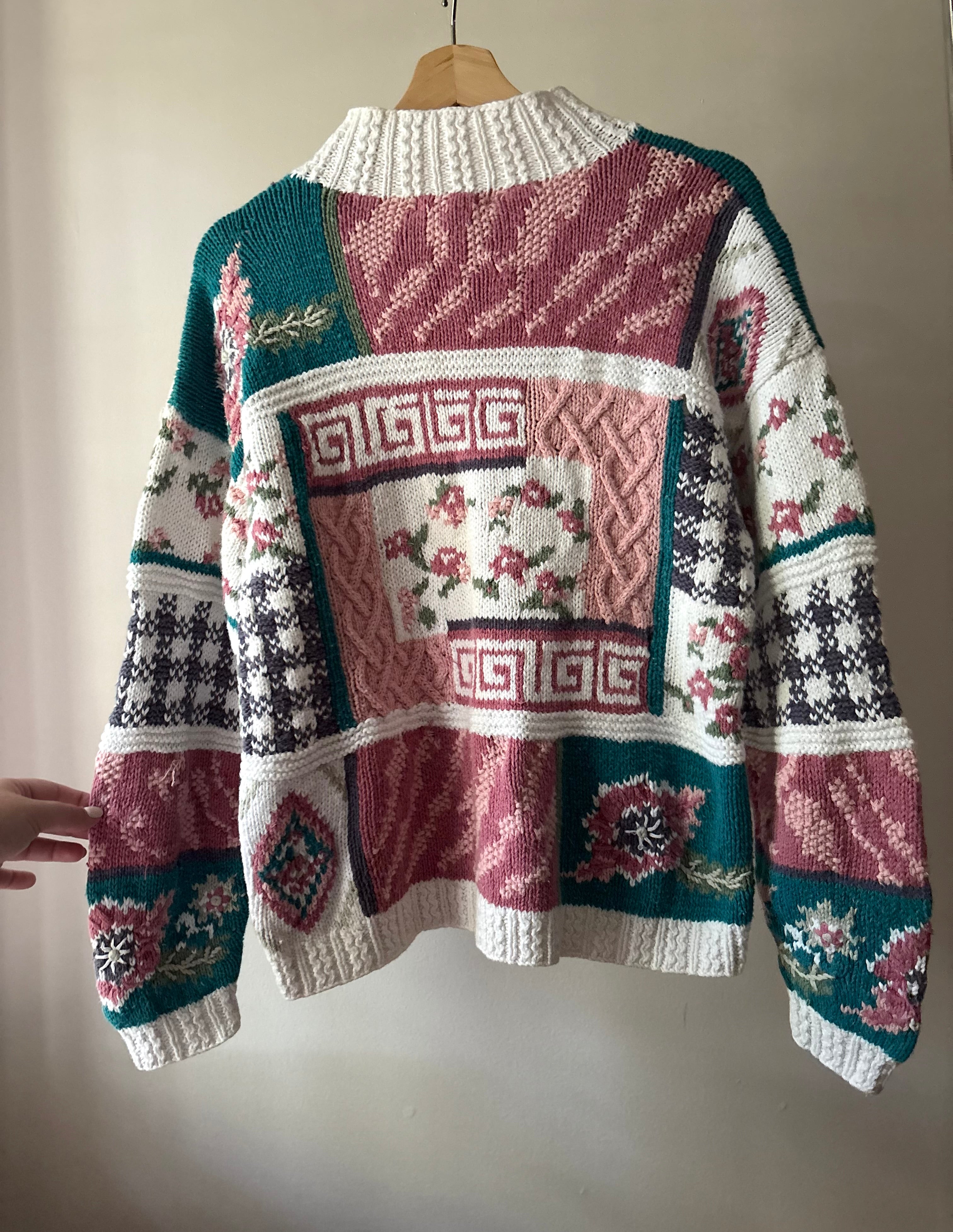 1990s Handknit Patchwork Floral Mockneck Sweater