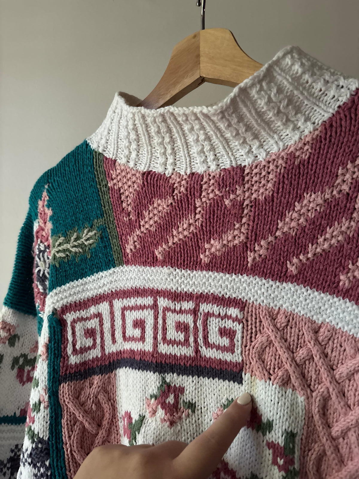 1990s Handknit Patchwork Floral Mockneck Sweater