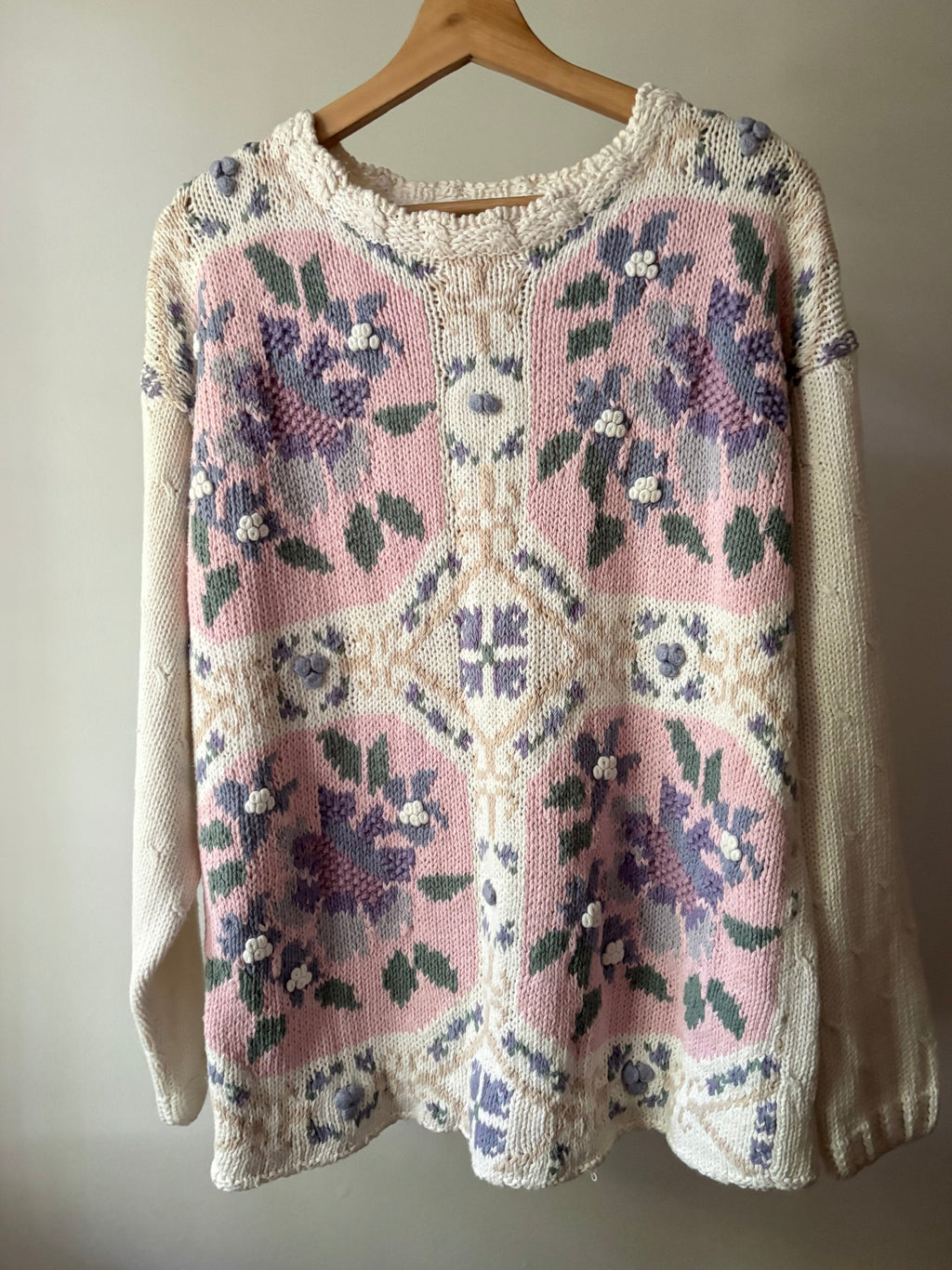 1990s Handknit Cream Patchwork Floral Sweater