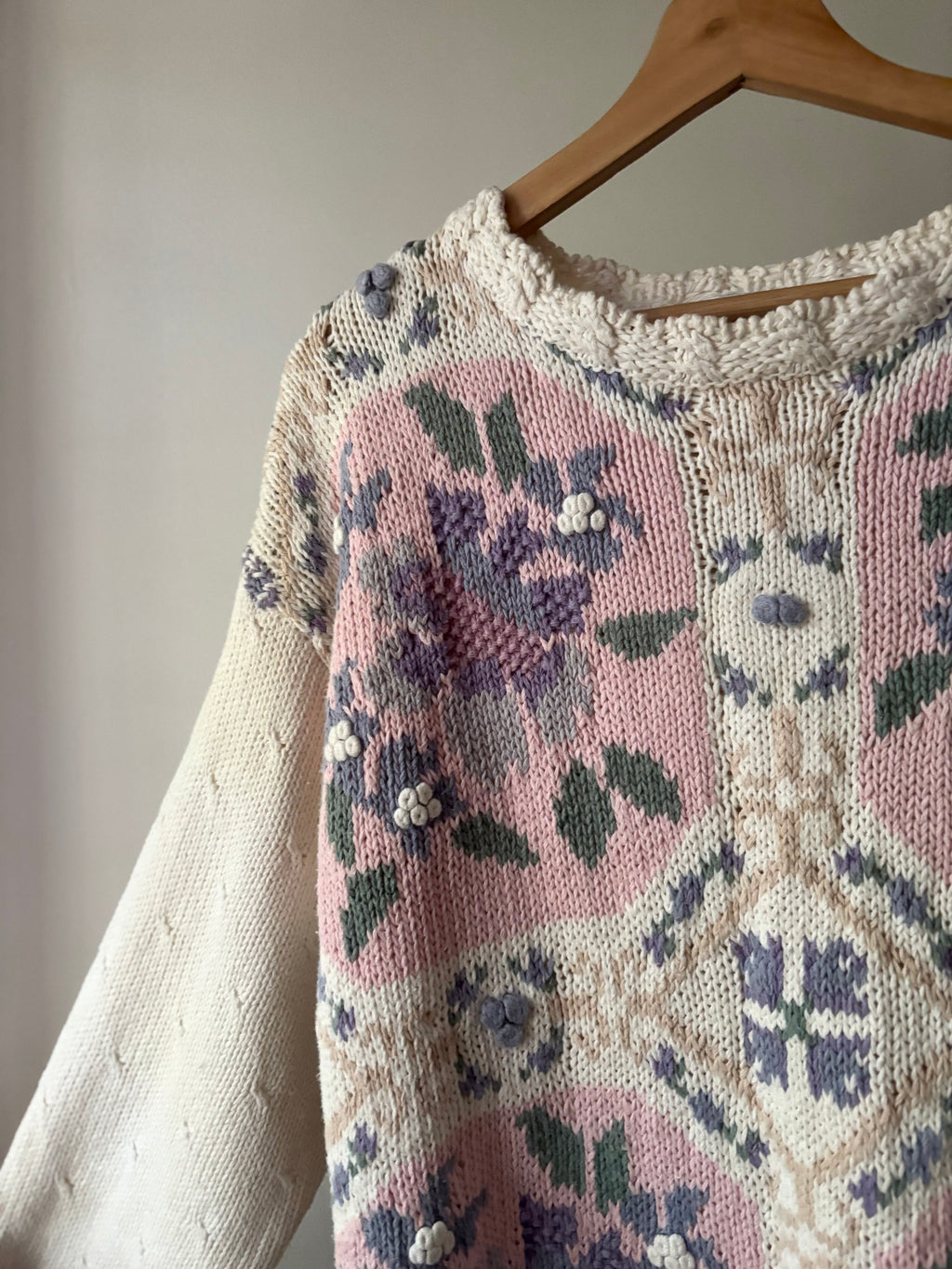1990s Handknit Cream Patchwork Floral Sweater