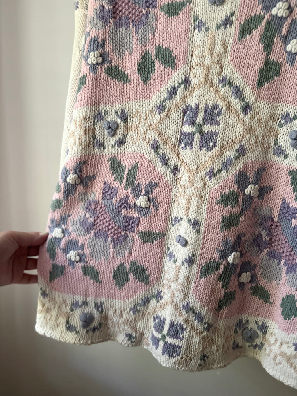 1990s Handknit Cream Patchwork Floral Sweater