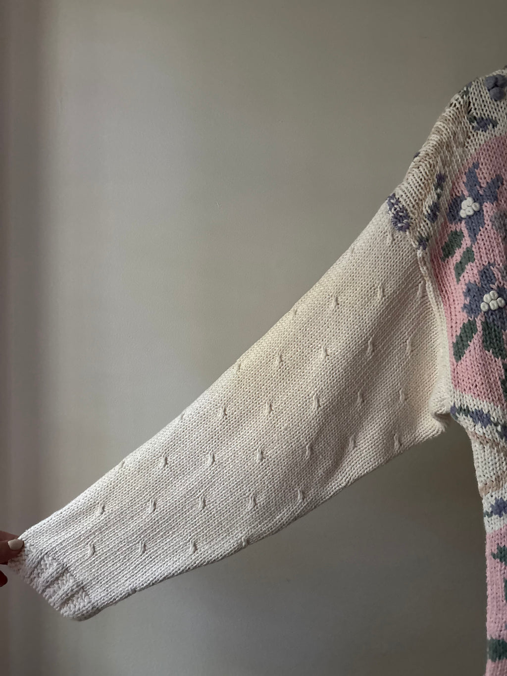 1990s Handknit Cream Patchwork Floral Sweater
