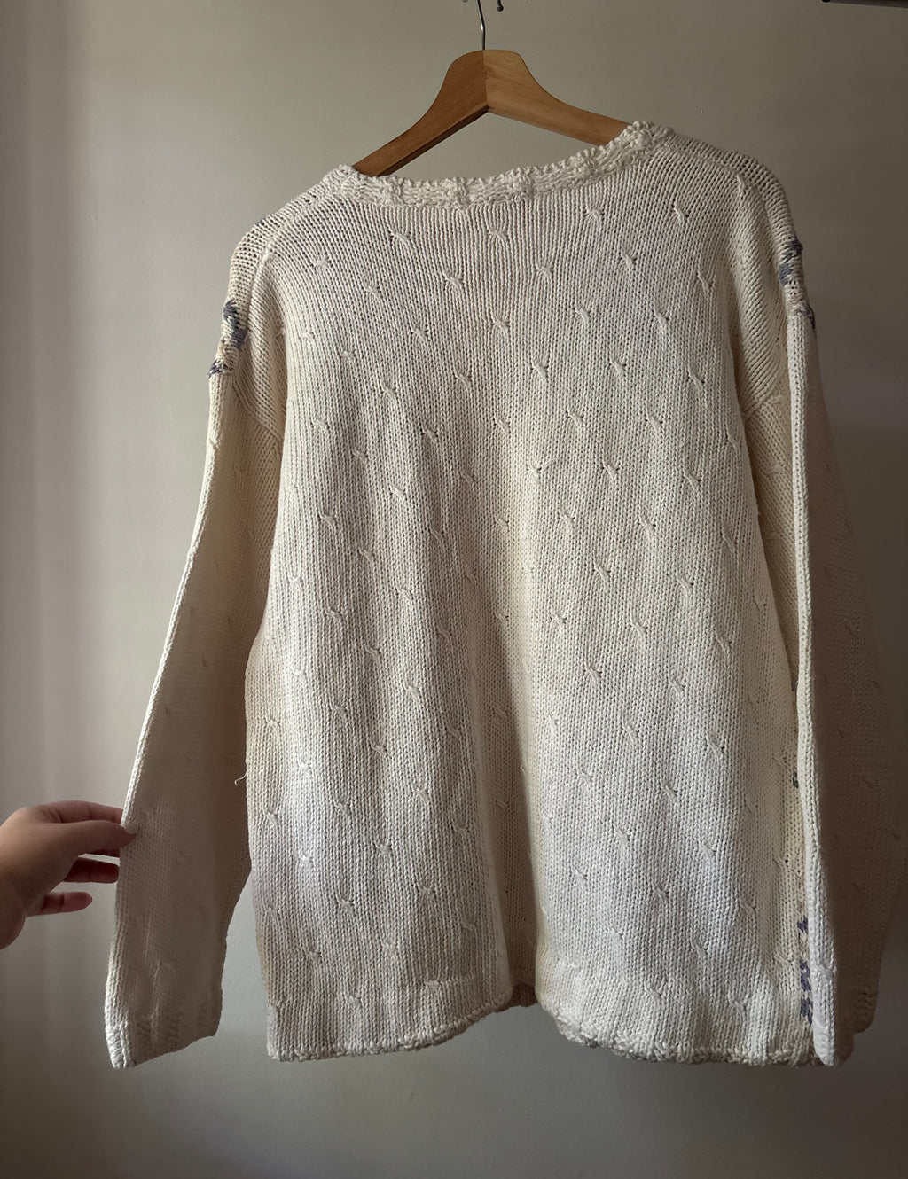 1990s Handknit Cream Patchwork Floral Sweater