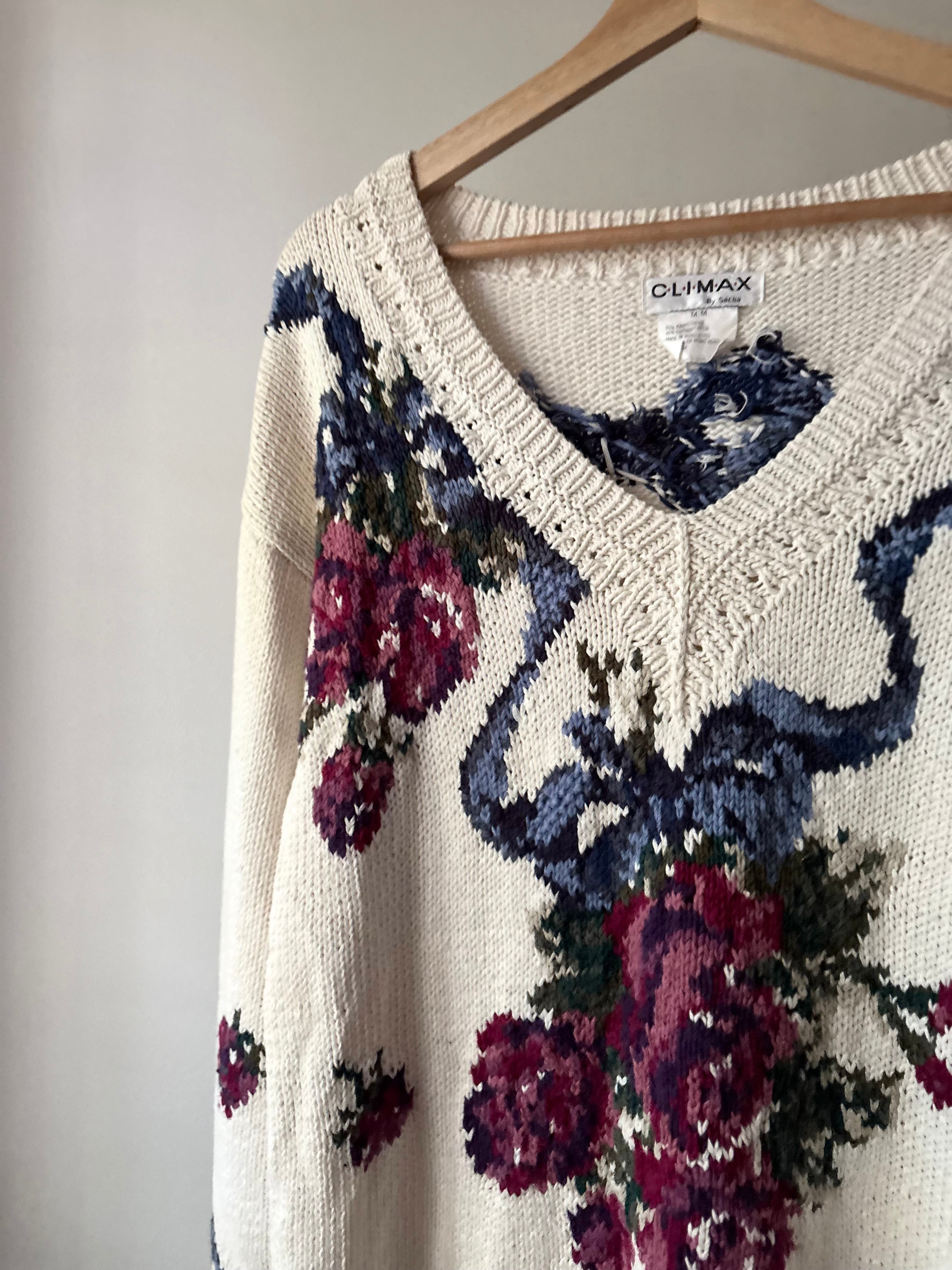 1990s Handknit Cream Bouquet Sweater with Bows