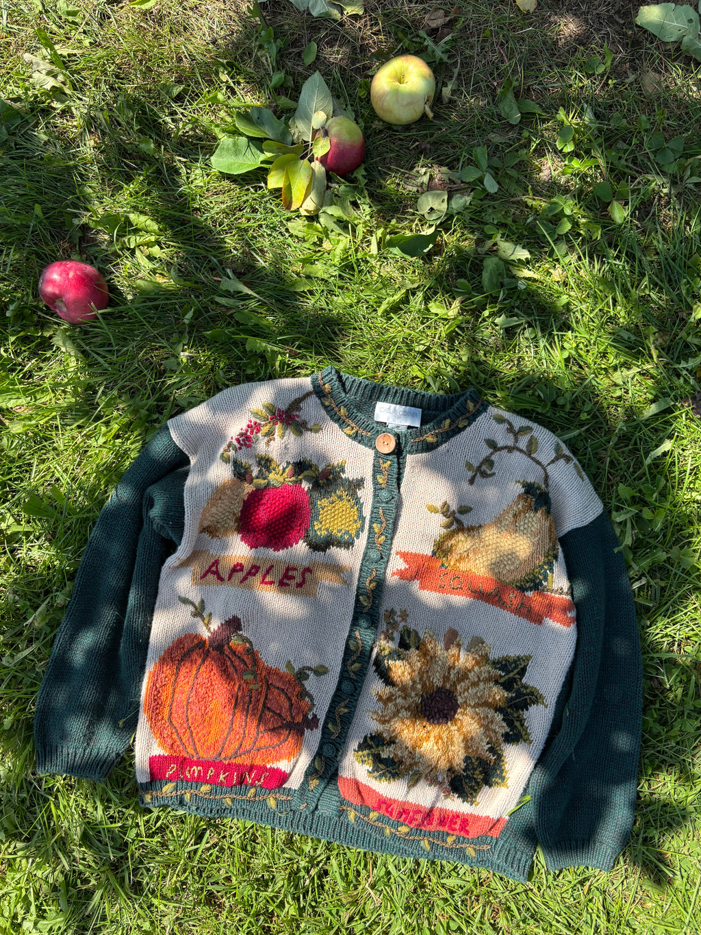 1990s Handknit Autumn Cardigan | Pumpkins, Apples, & Sunflowers