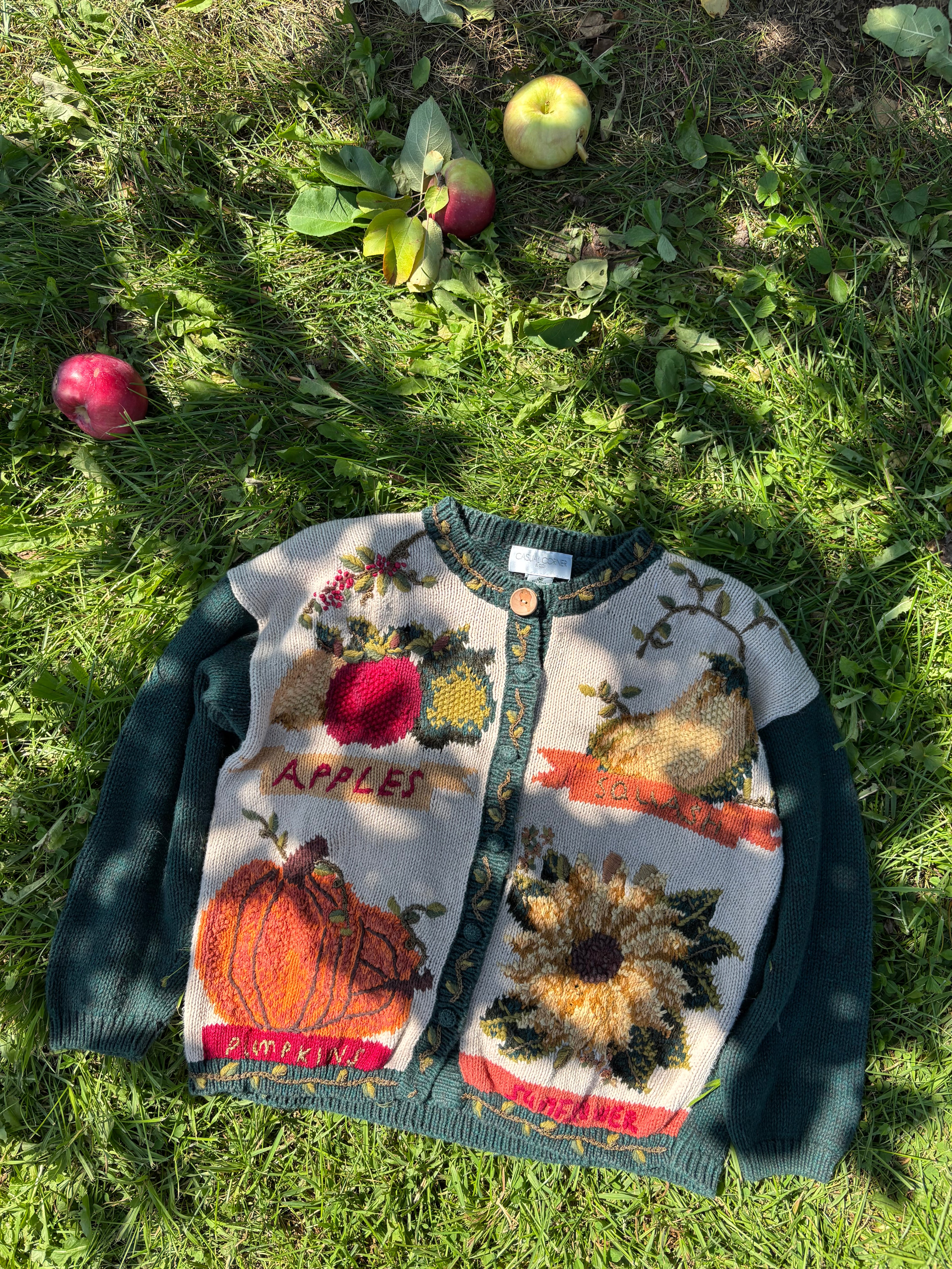 1990s Handknit Autumn Cardigan | Pumpkins, Apples, & Sunflowers