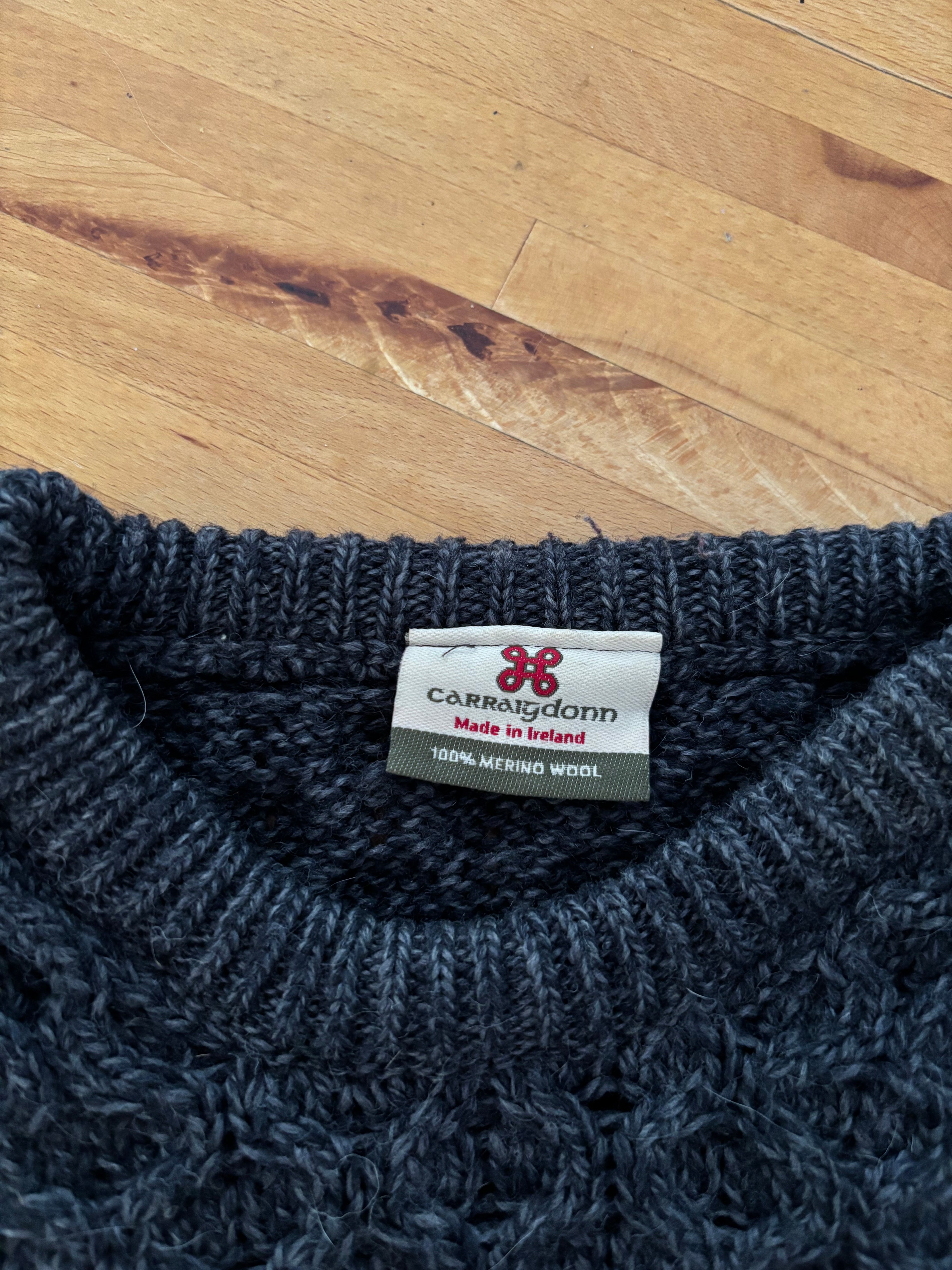 Merino Wool Ireland Cable knit Sweater | Marled Grey Crewneck